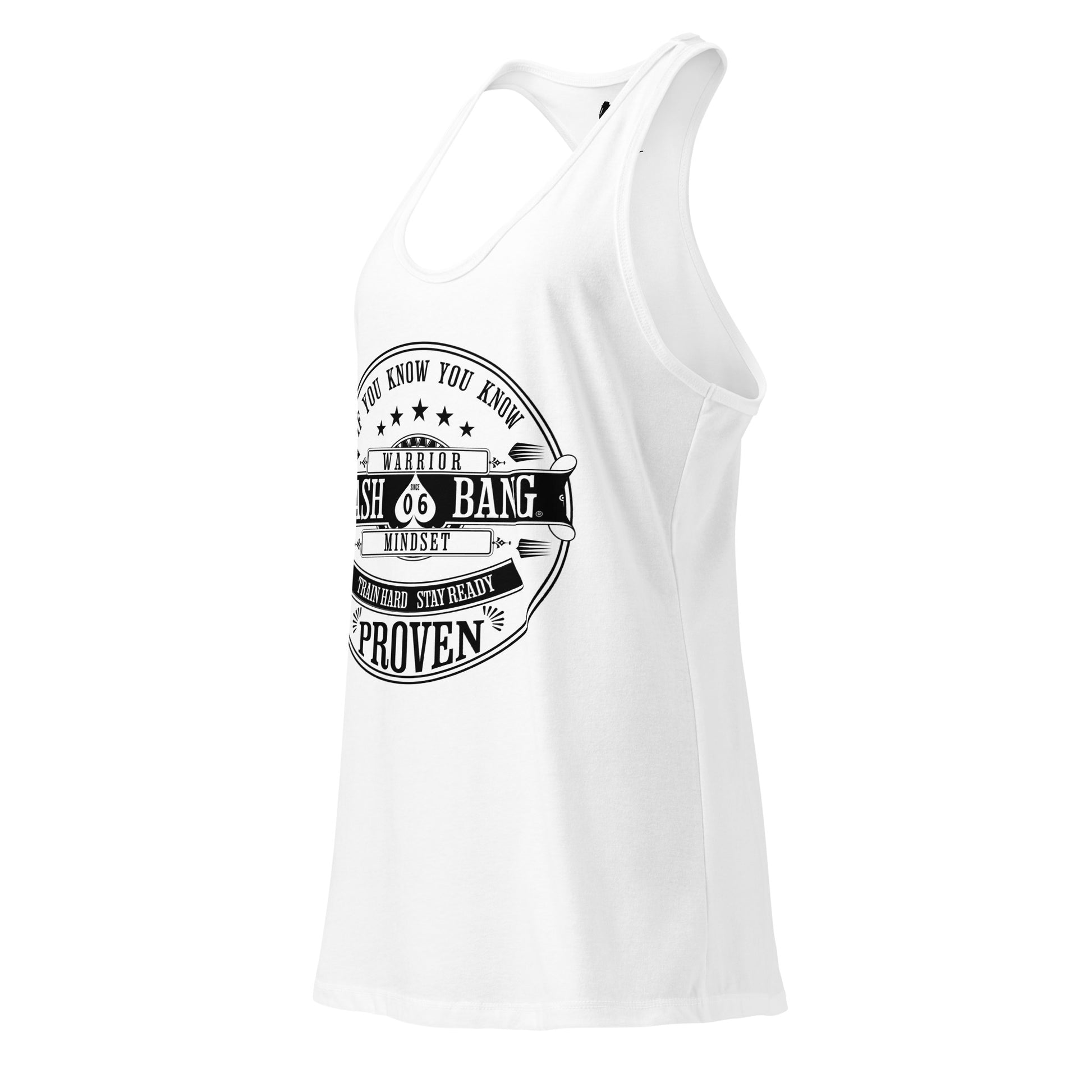 White tank top with black graphic design on a white background