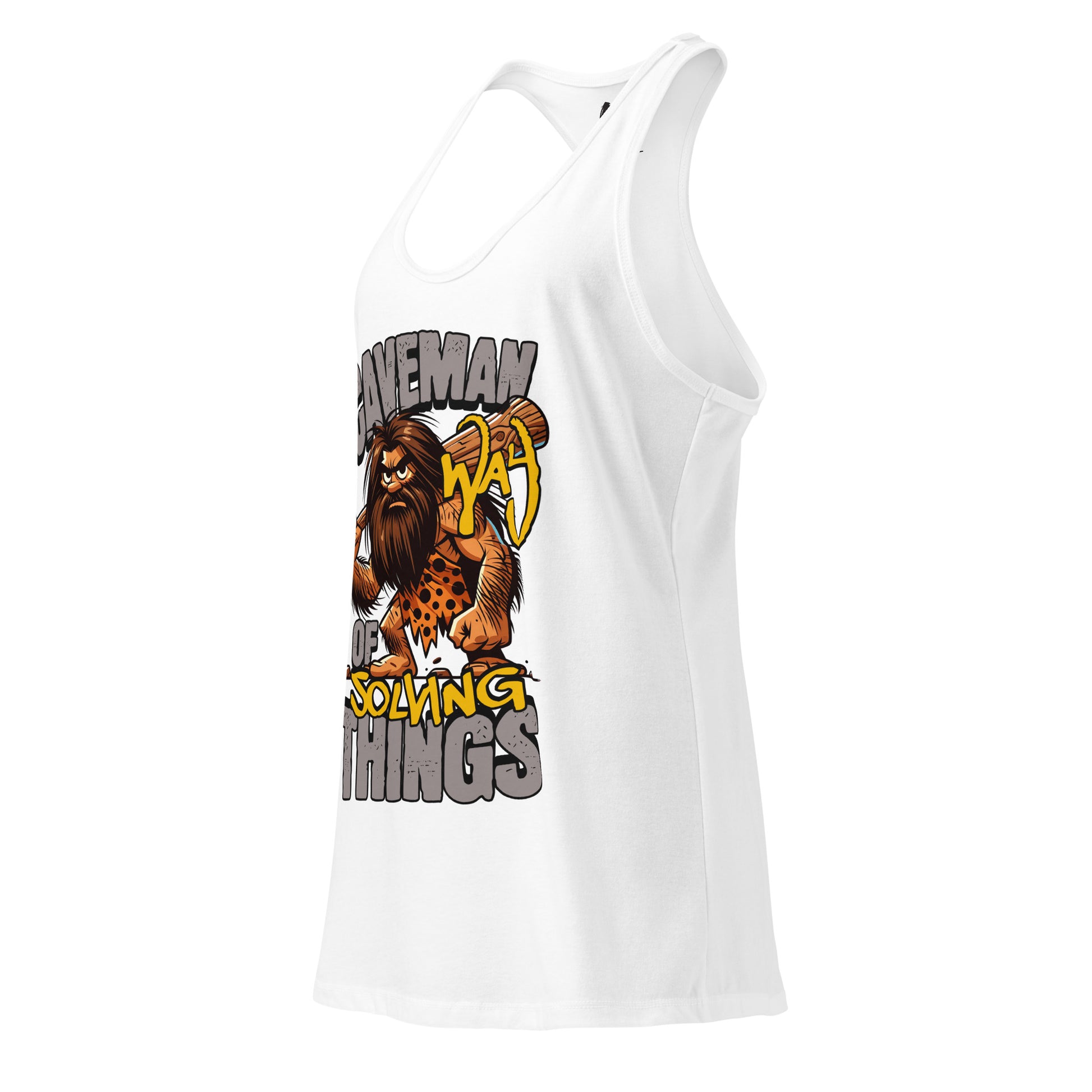 White tank top with a graphic of a caveman and text on a white background
