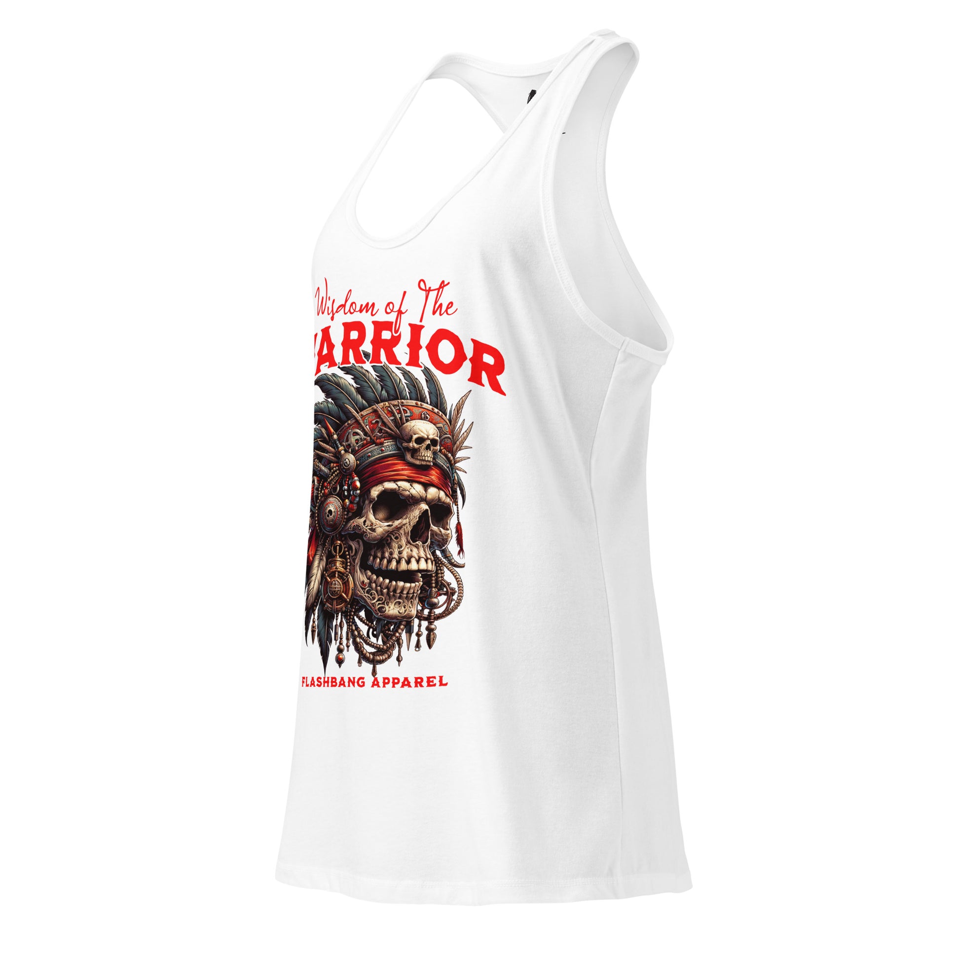 White tank top with a skull design and text on a white background