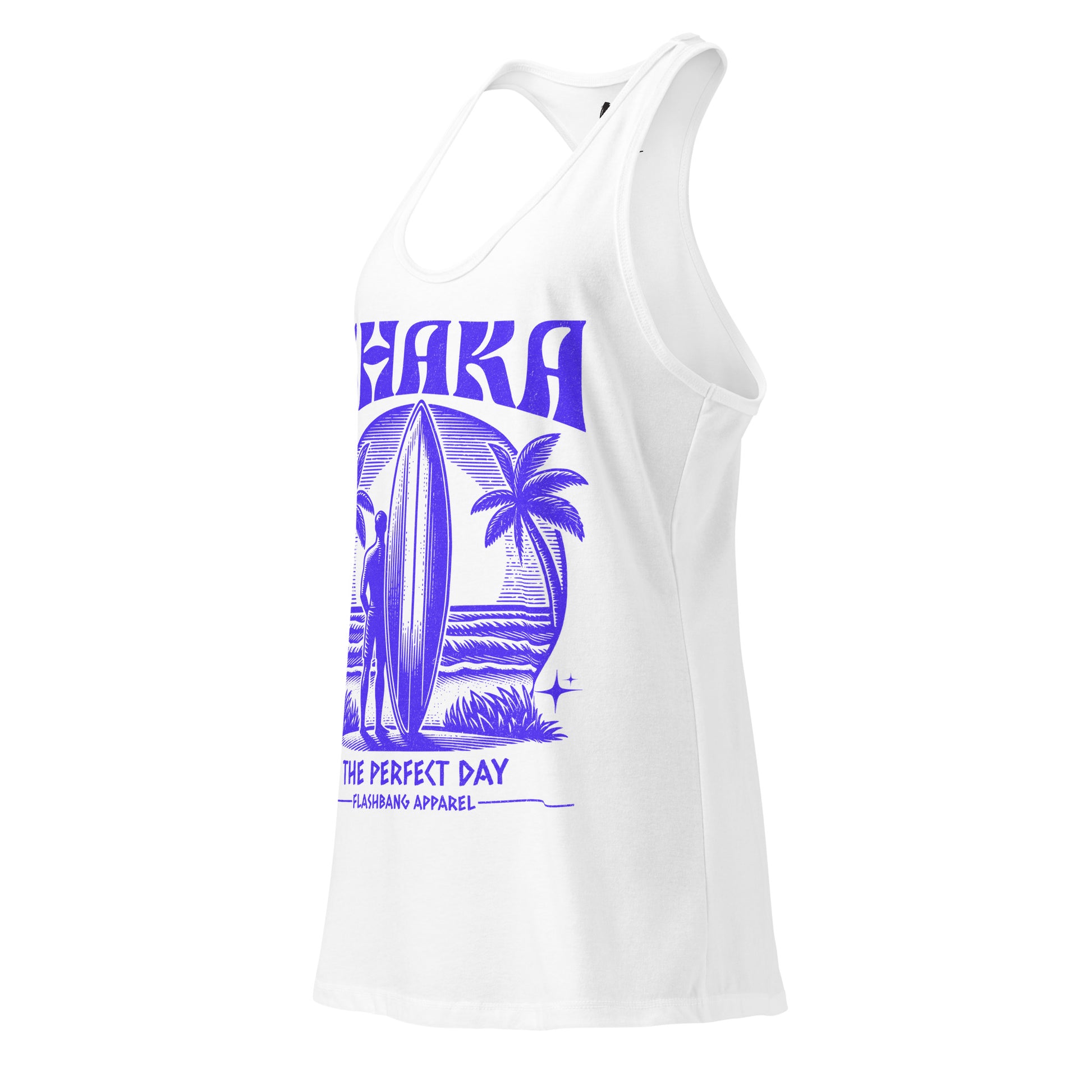 White tank top with purple graphic design on a white background