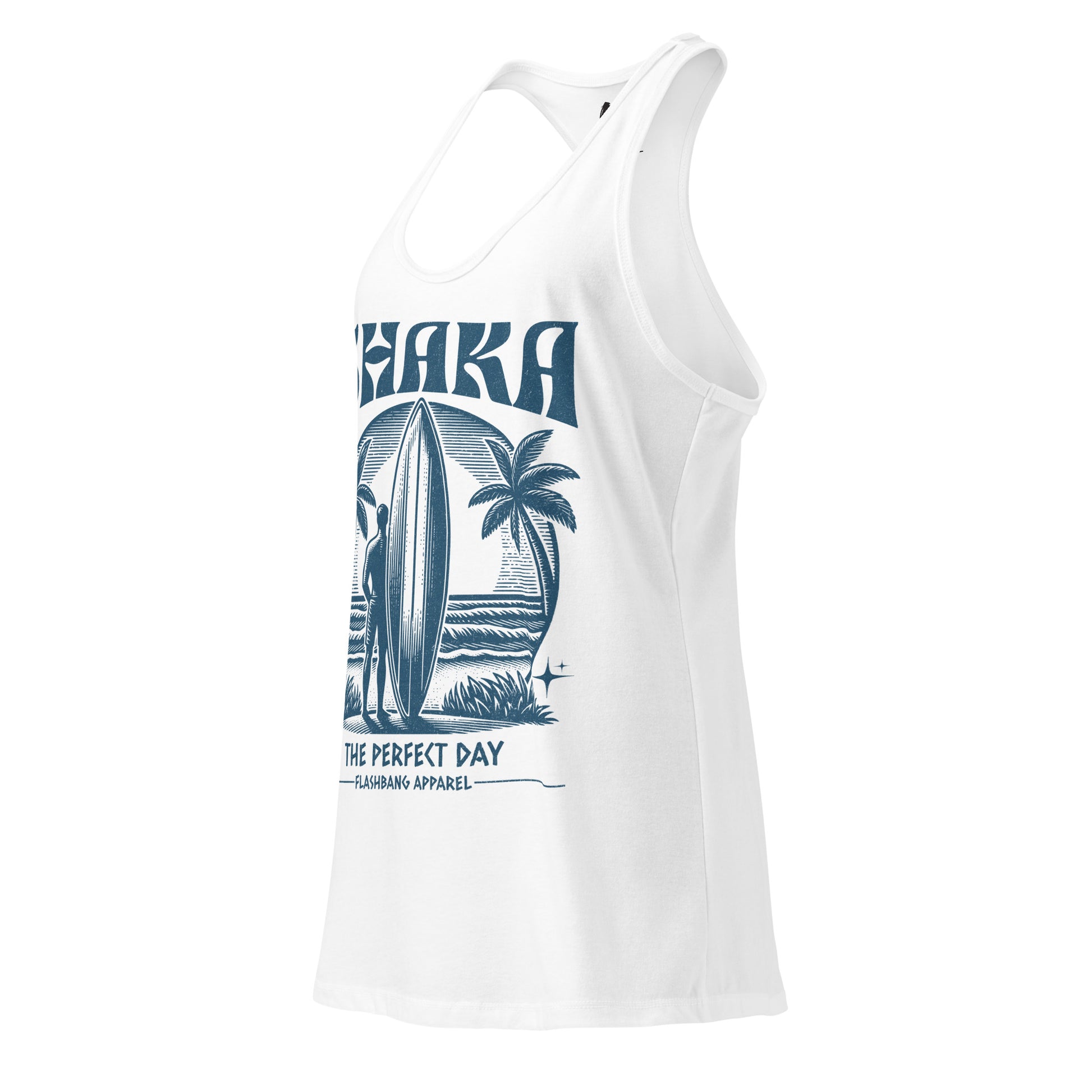 White tank top with blue graphic design on a white background