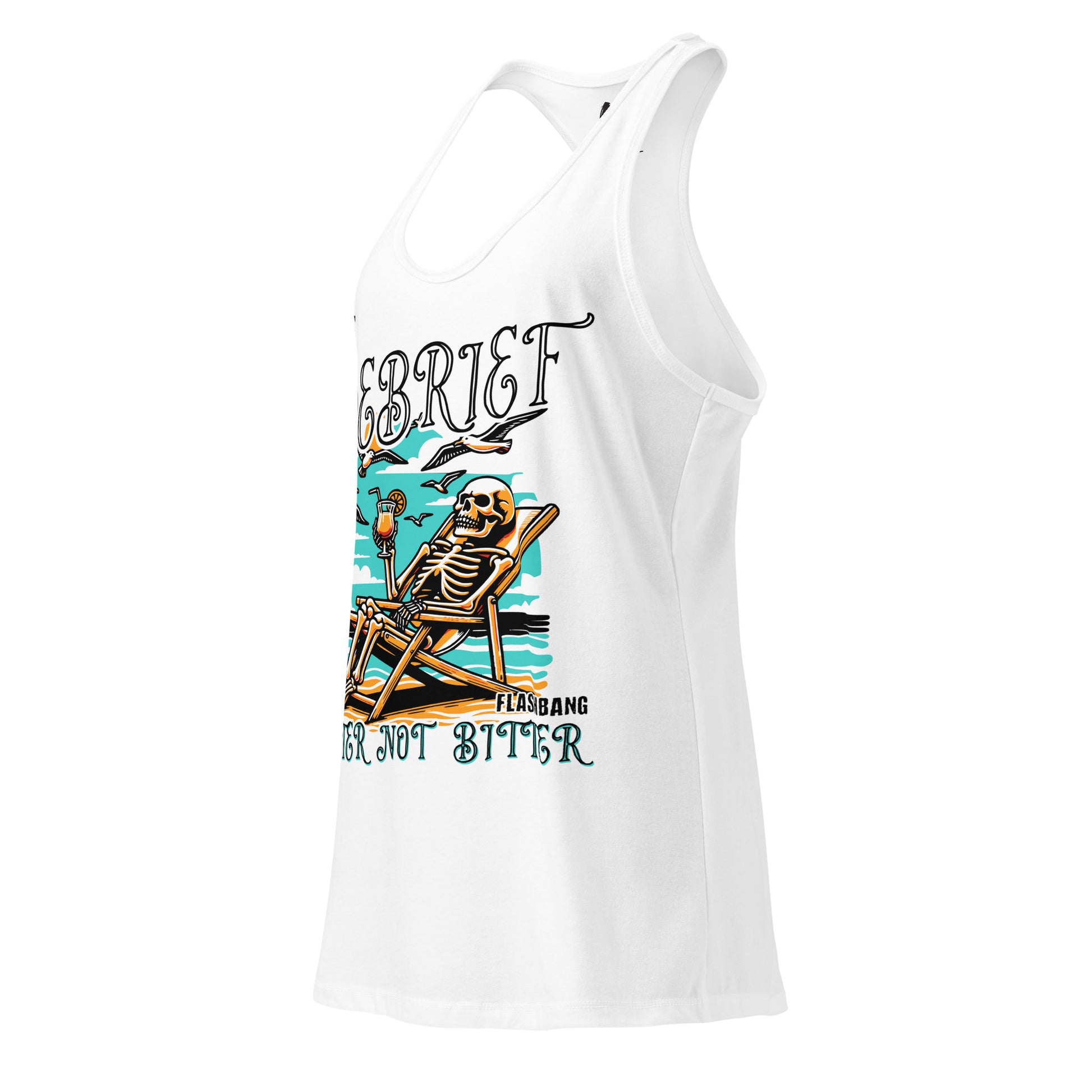 White tank top with a skeleton design and text on a white background