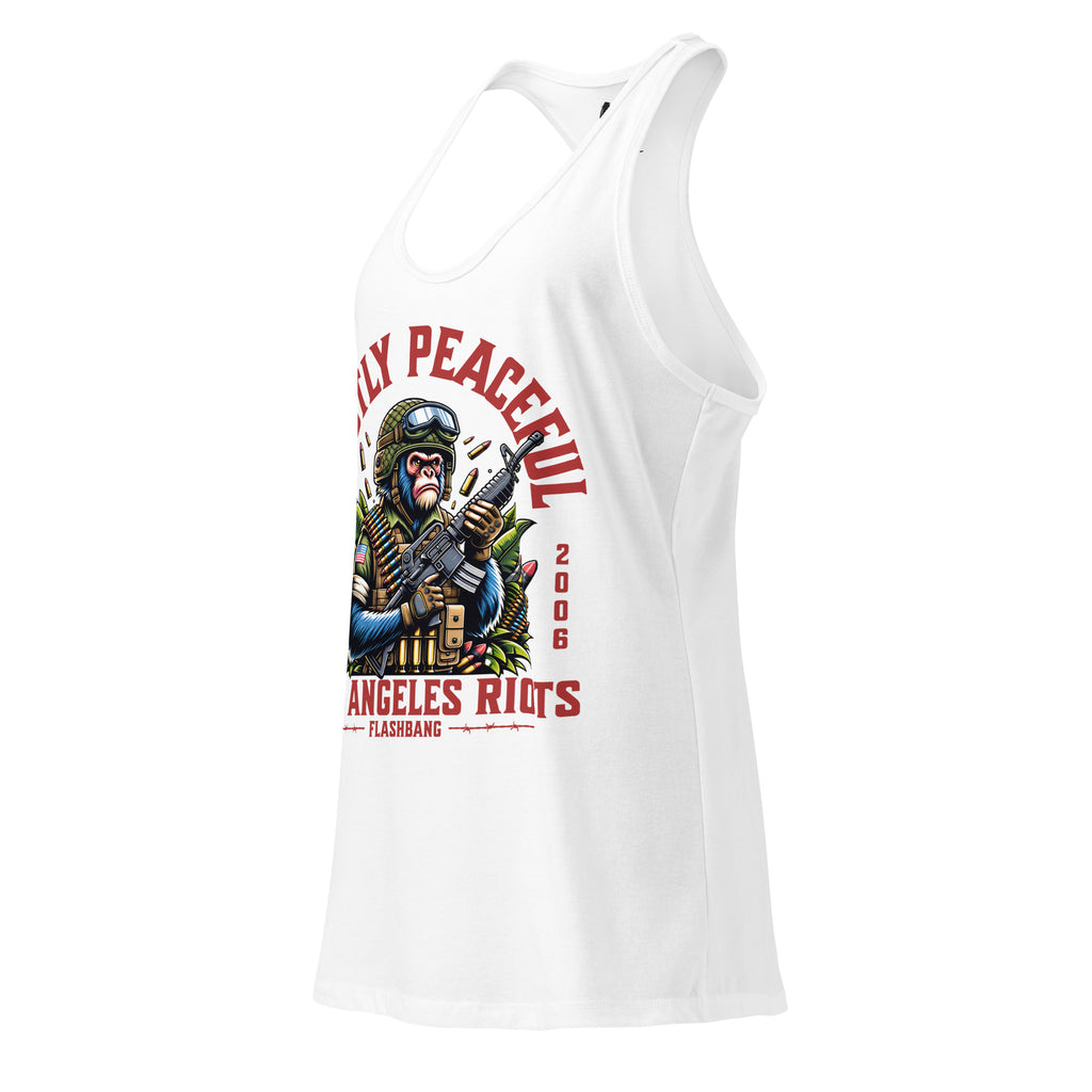 White tank top with graphic design and text on a white background