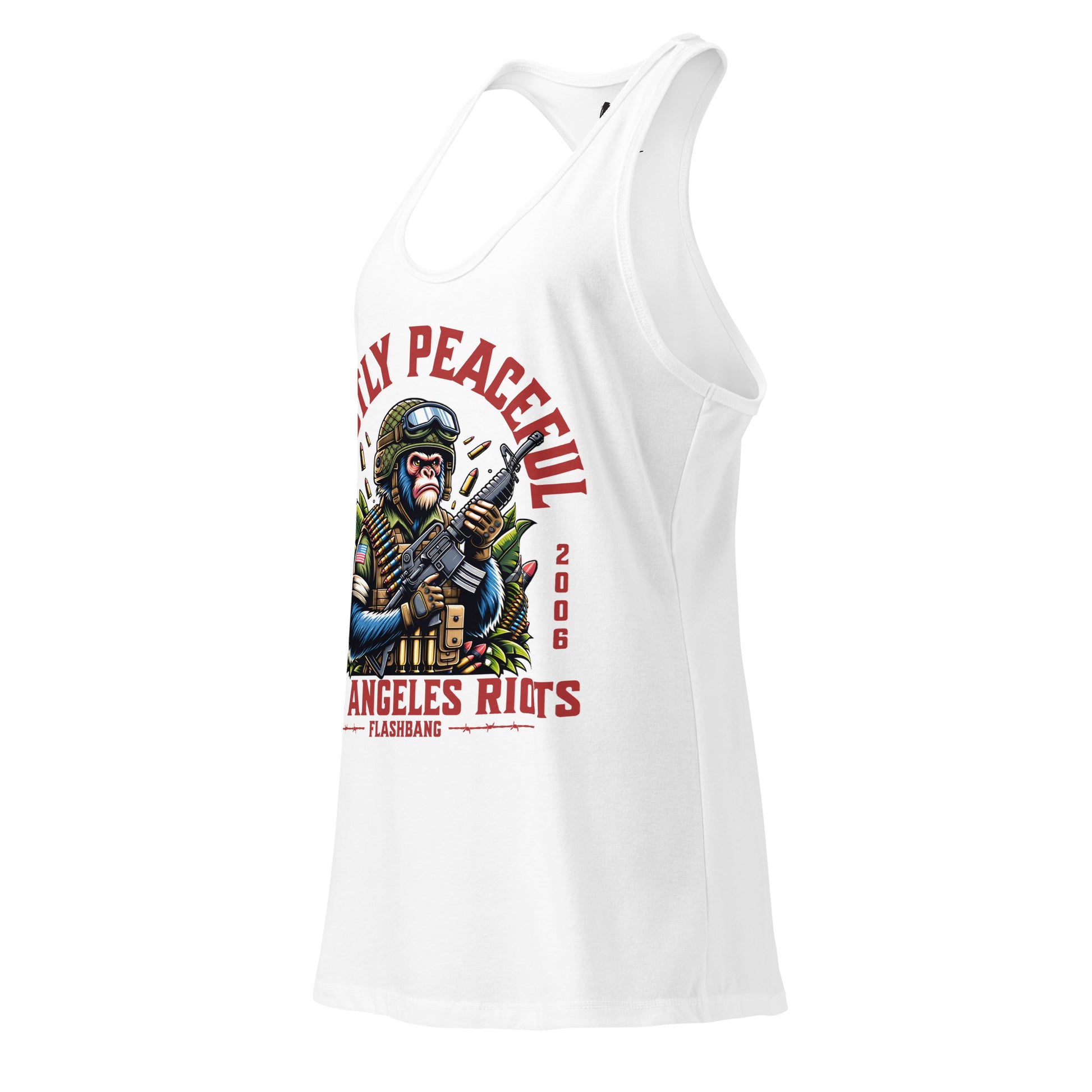 White tank top with graphic design and text on a white background