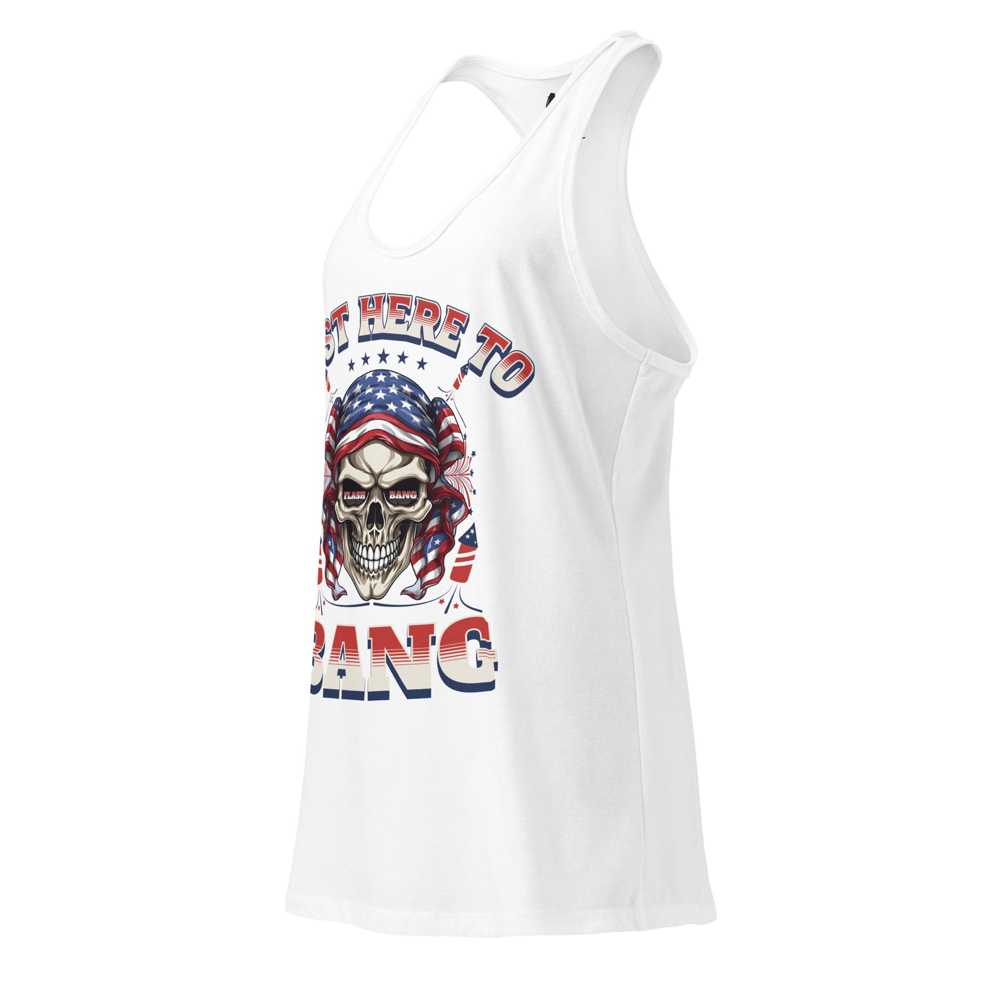 White tank top with a graphic design featuring a skull and American flag on a white background