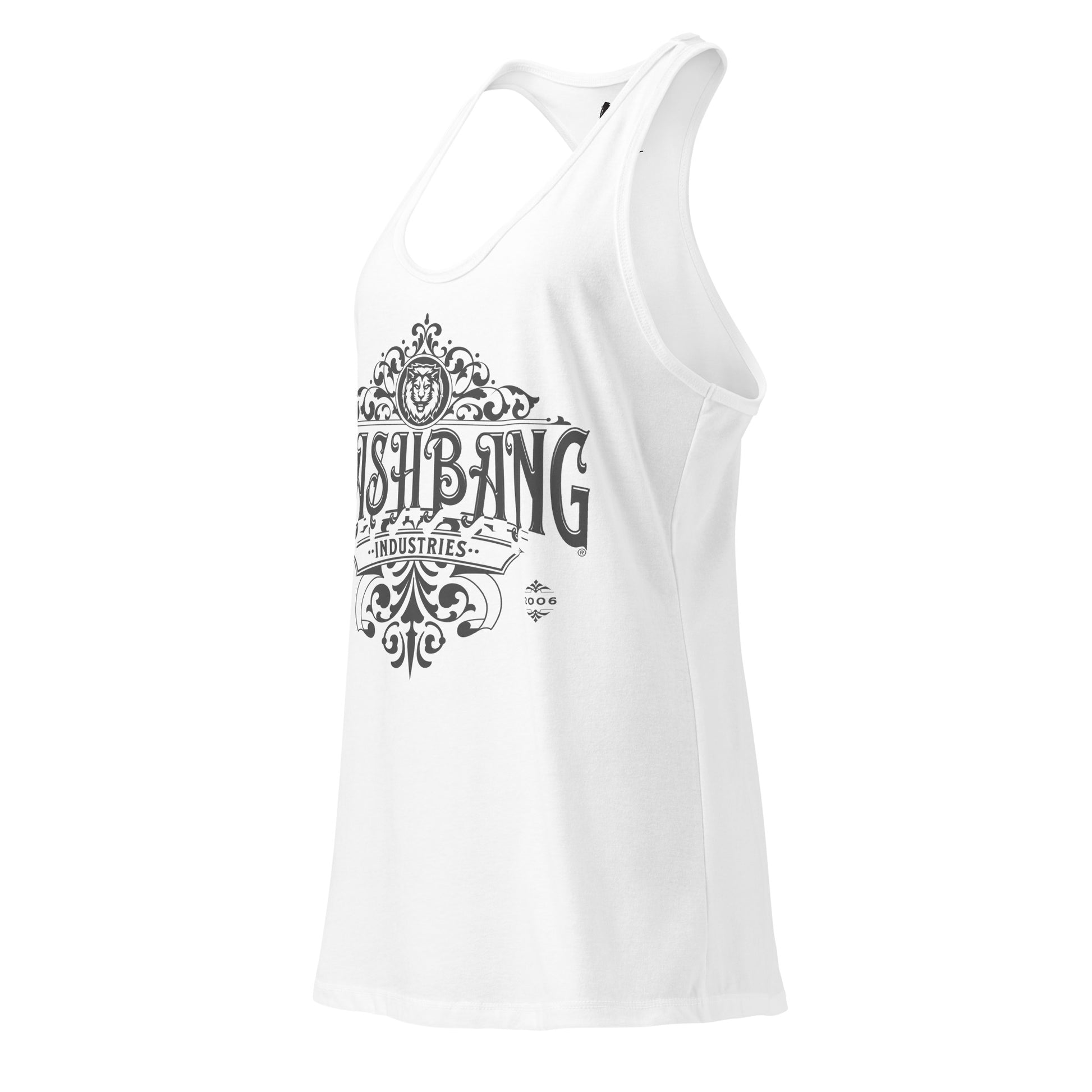 White tank top with black graphic design on a white background