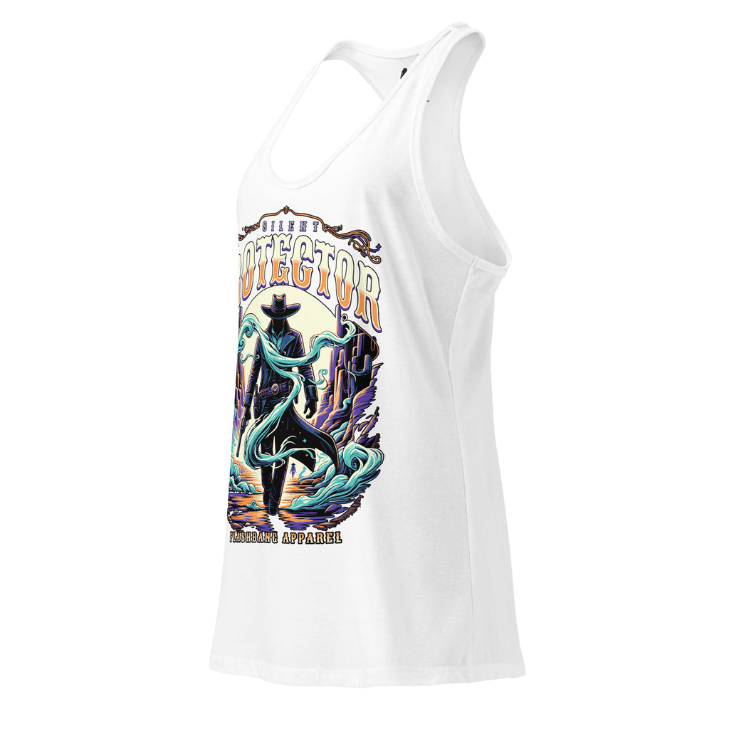 White tank top with a colorful graphic design on a white background