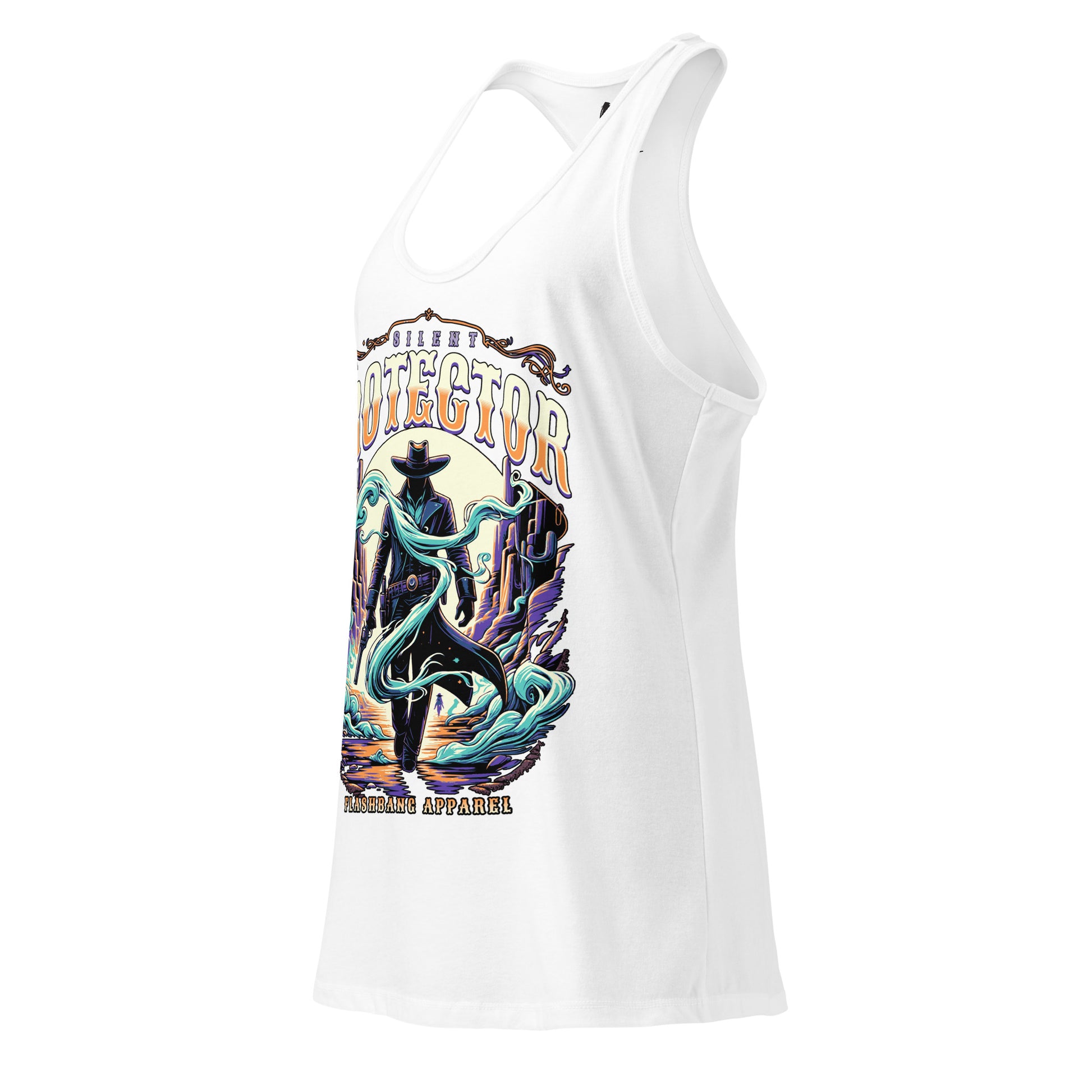 White tank top with a colorful graphic design on a white background