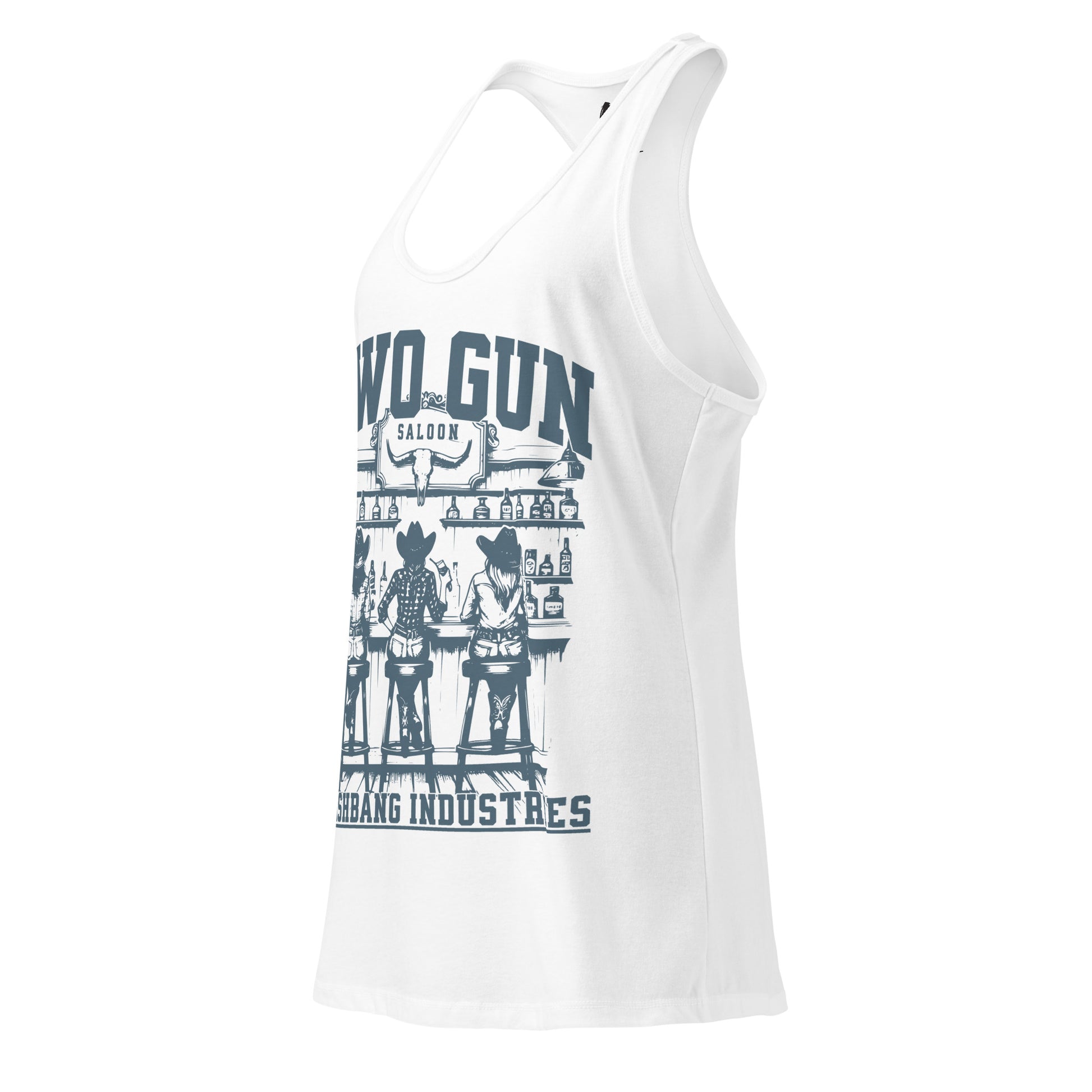 White tank top with graphic design and text on a white background