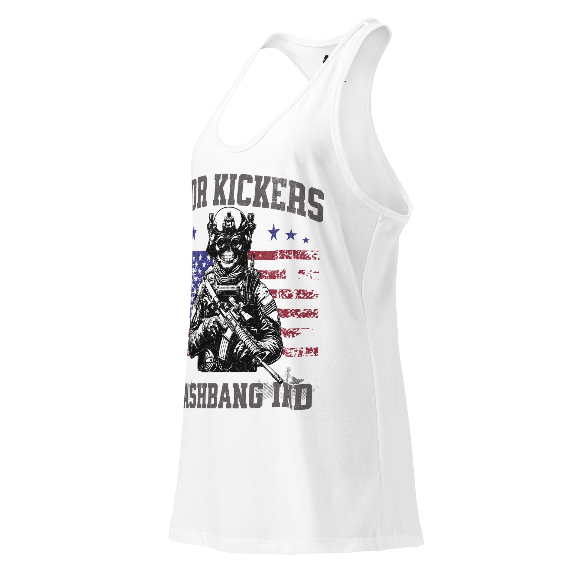 White tank top with graphic design and text on a white background