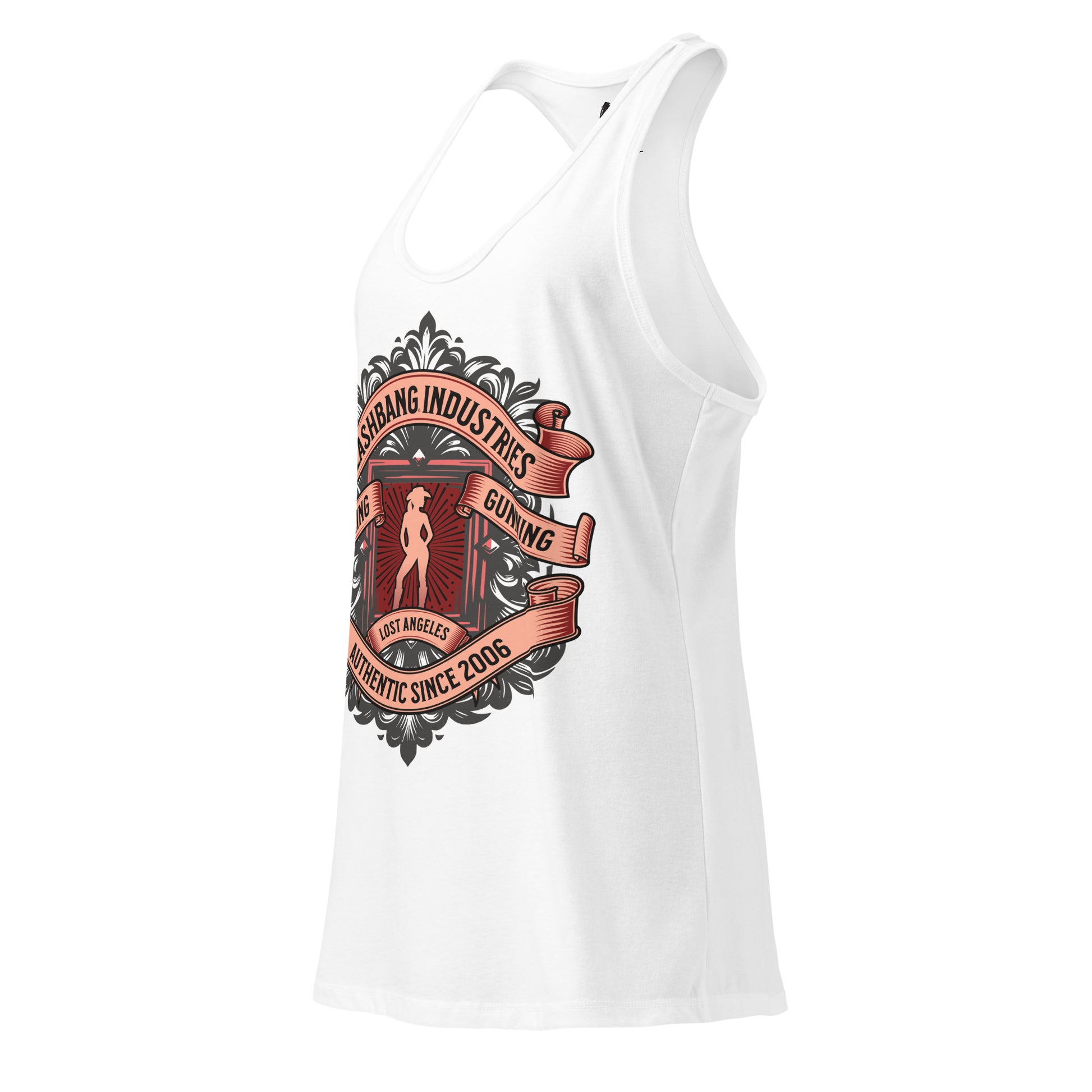 White tank top with a graphic design on a white background