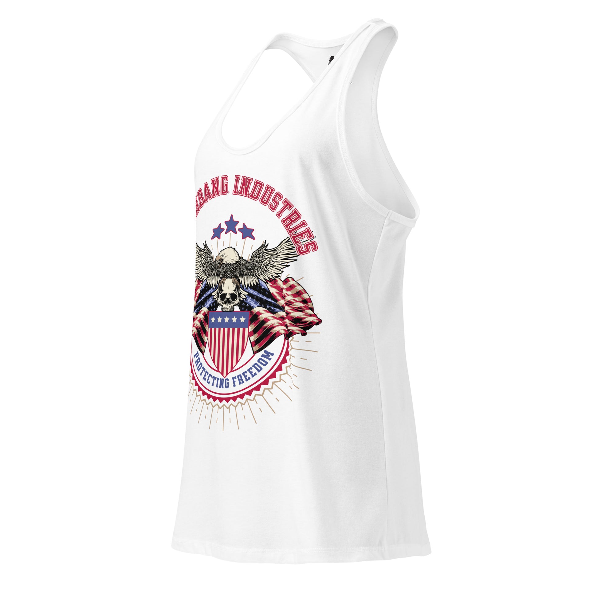 White tank top with patriotic design featuring an eagle and American flag on a white background