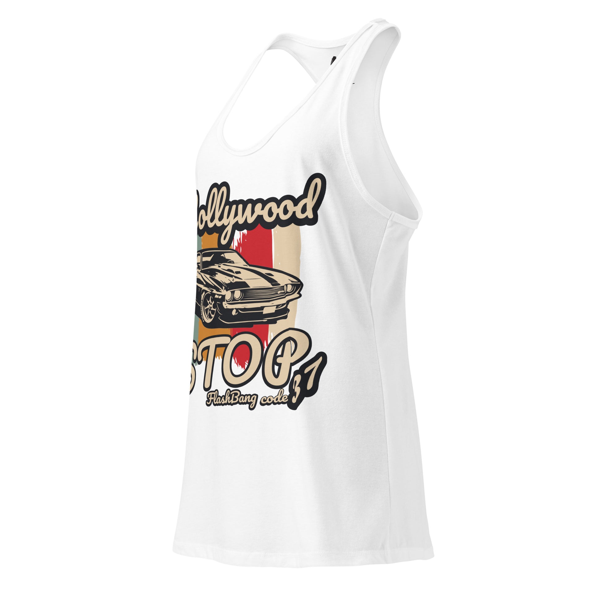 White tank top with a graphic design of a car and text on a white background