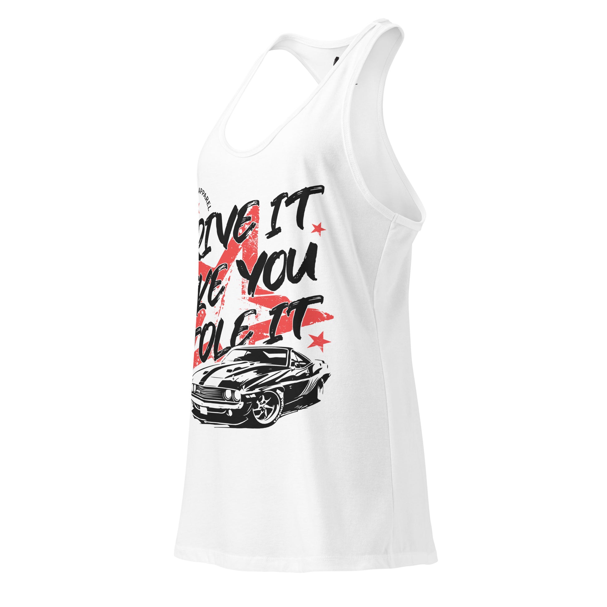 White tank top with graphic design and text on a white background