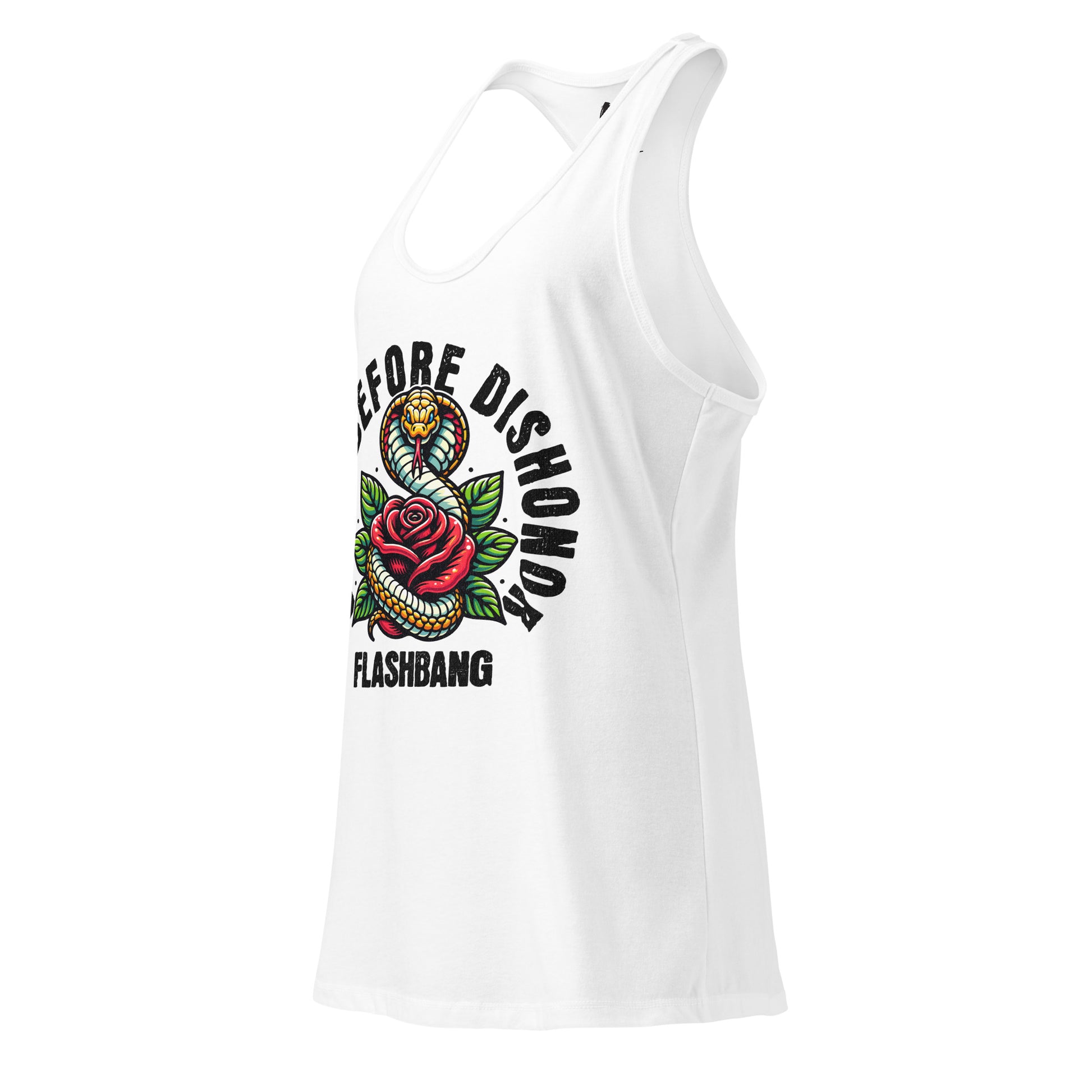 White tank top with a graphic design and text on a white background