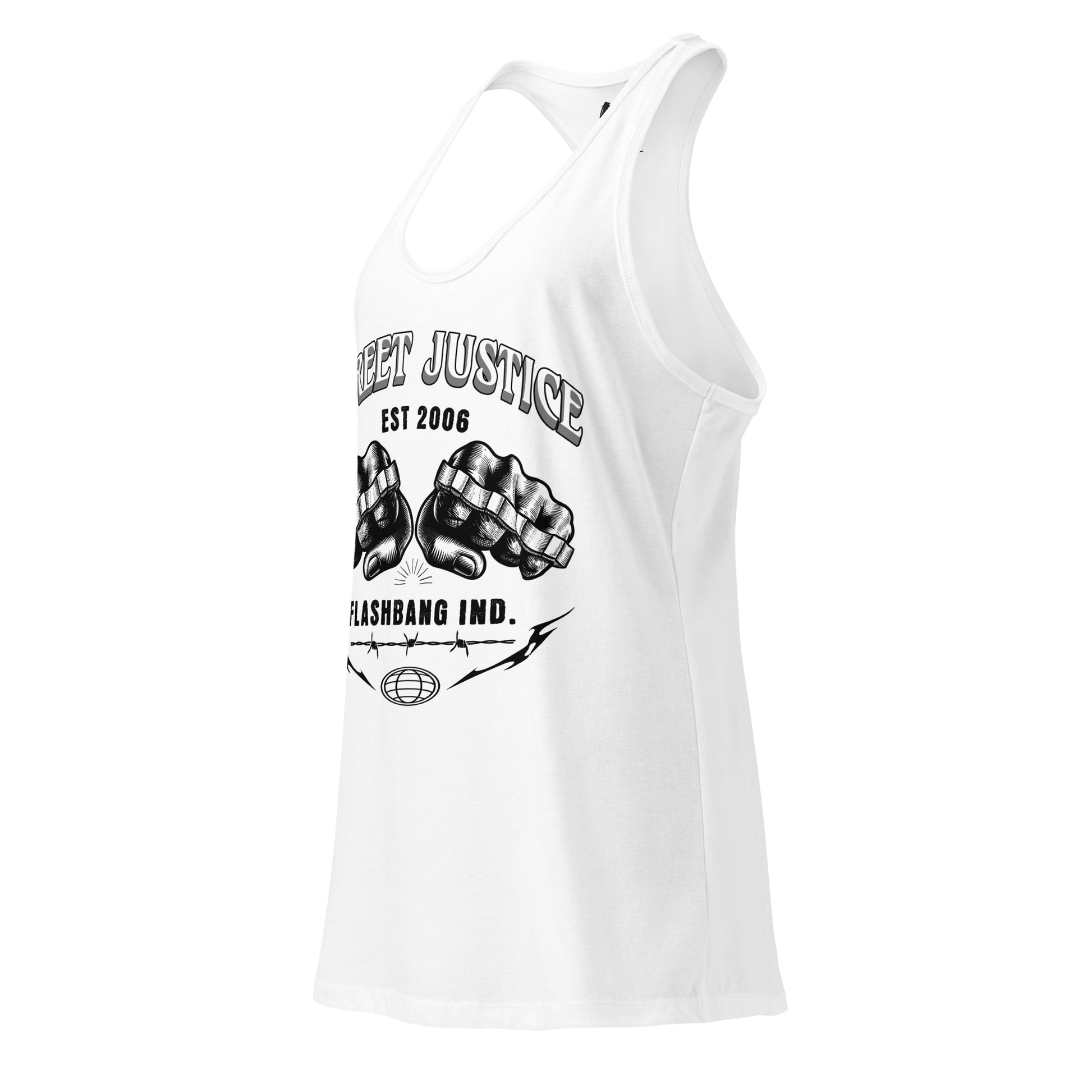 White tank top with black graphic design on a white background