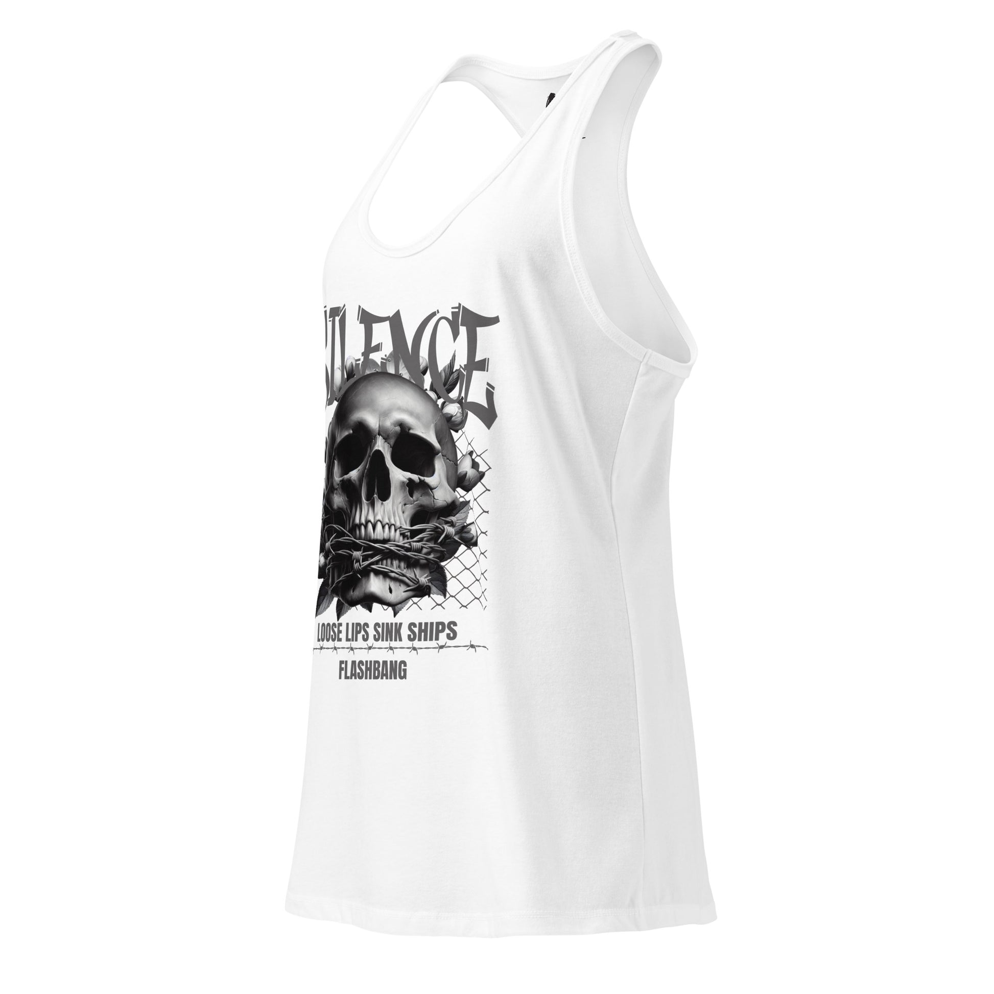 White tank top with a black skull graphic and text on a white background