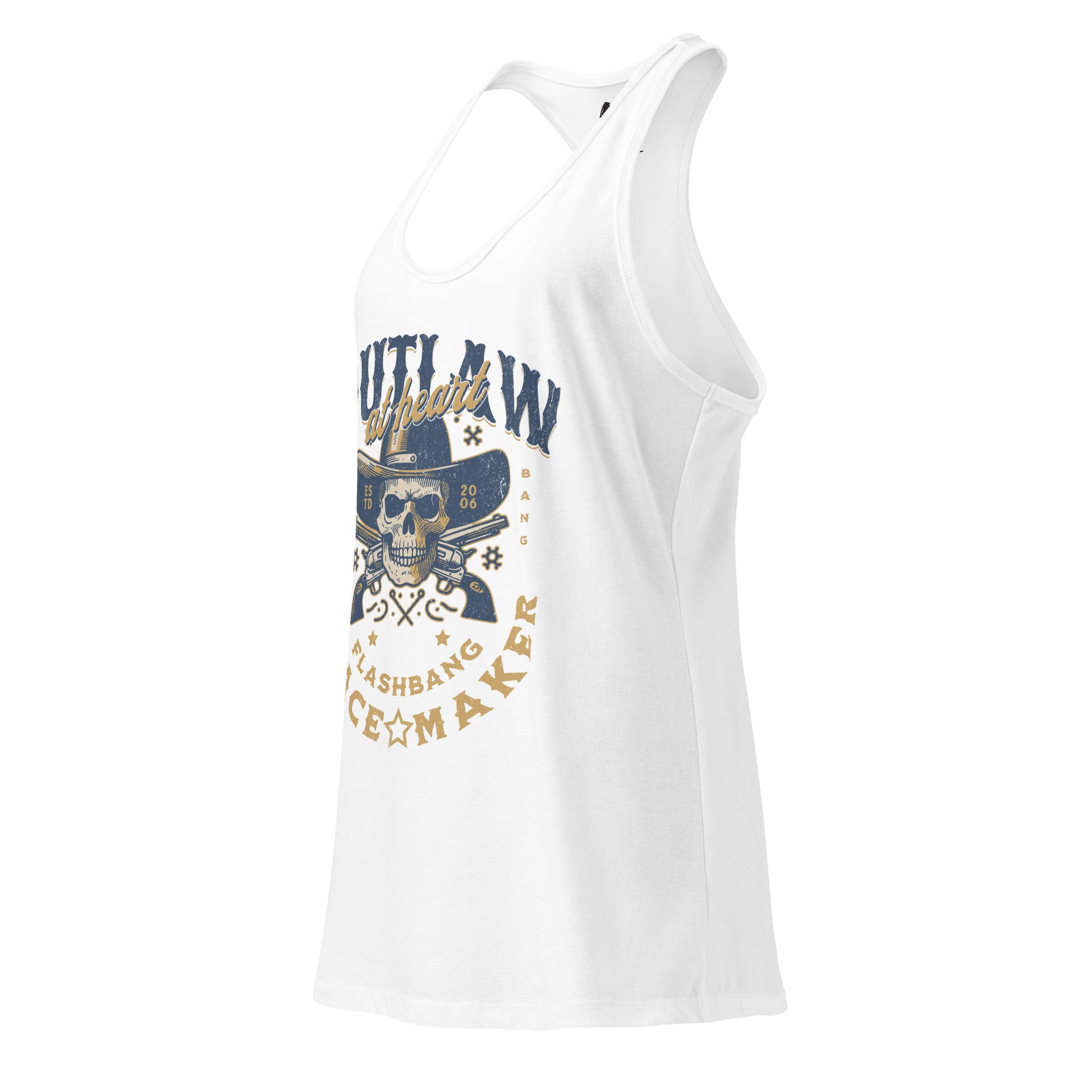 White tank top with skull and text design on a white background