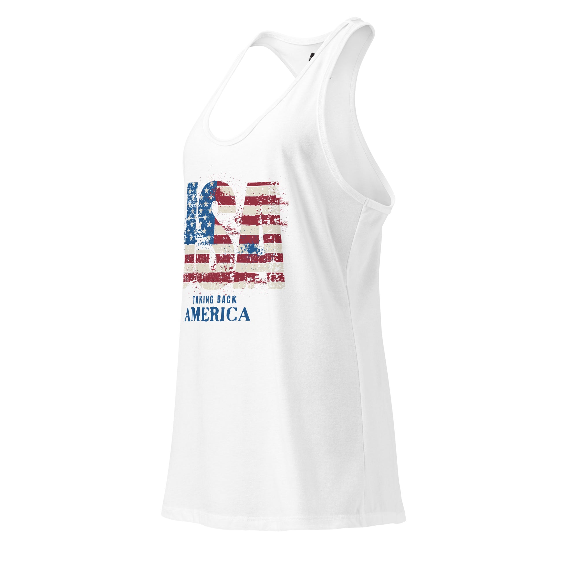 White tank top with American flag design and text on a white background