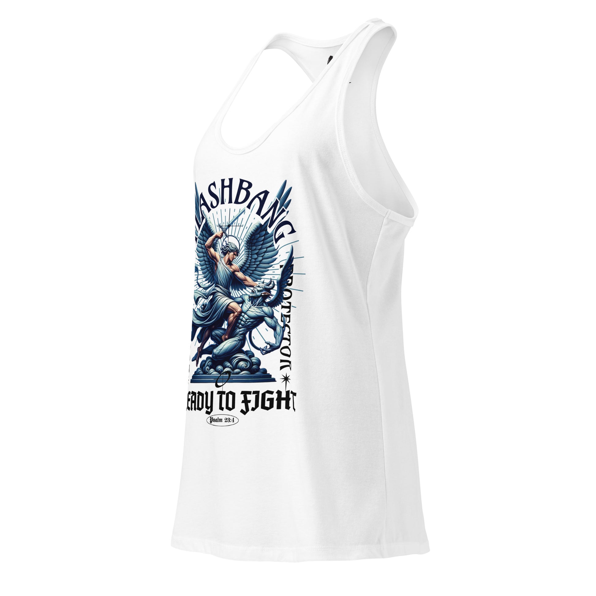 White tank top with graphic design and text on a white background