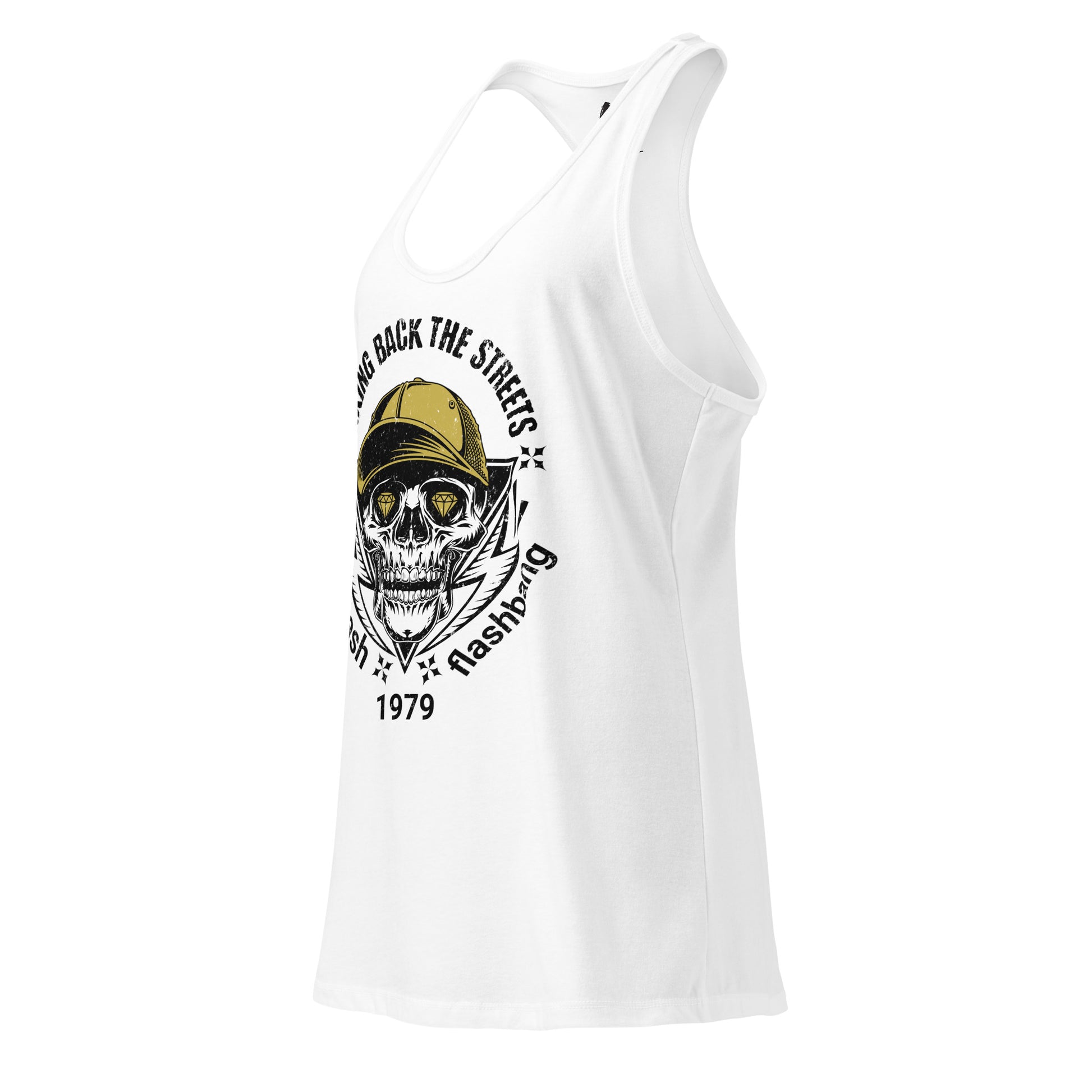White tank top with a skull and text design on a white background