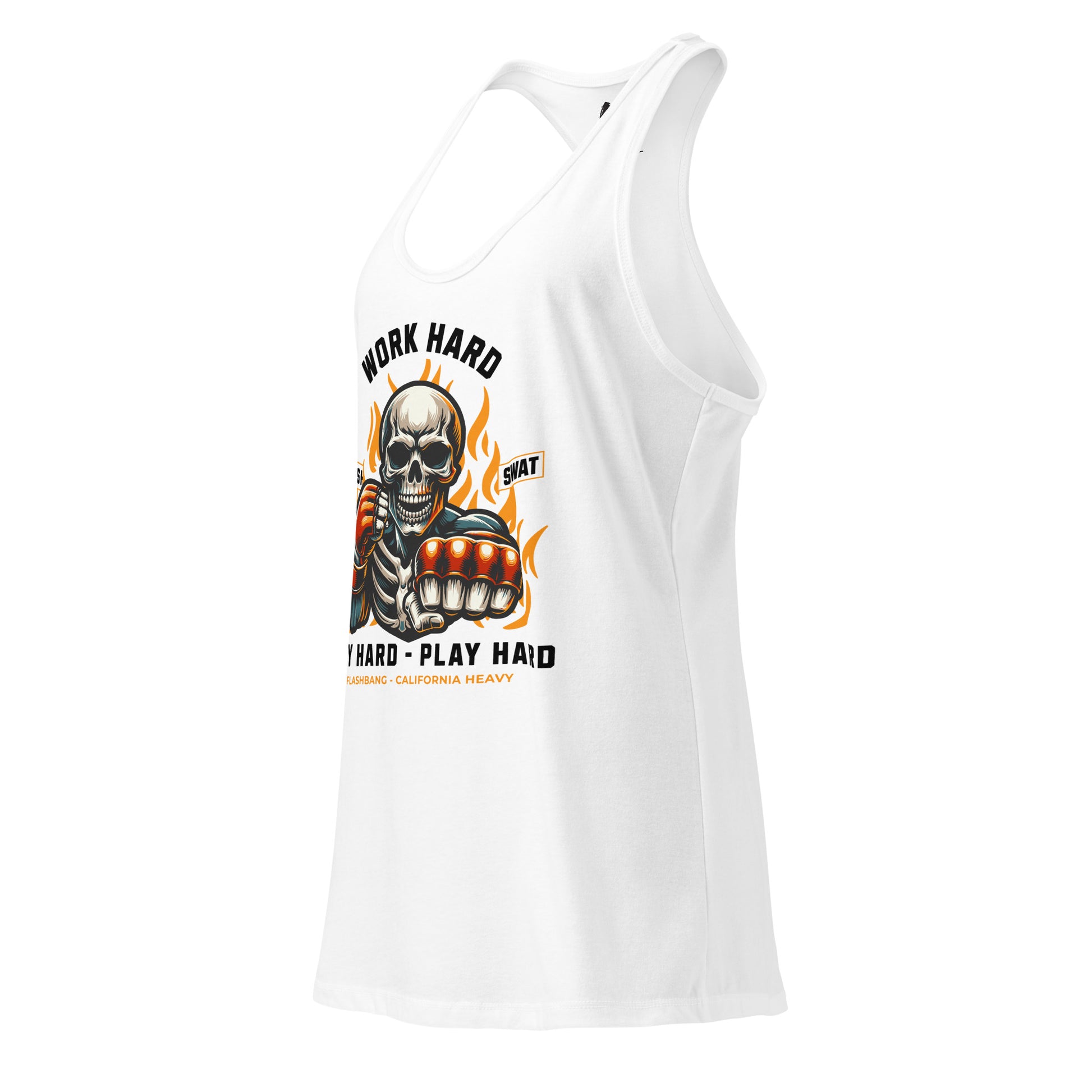 White tank top with a graphic design featuring a skeleton and text on a white background