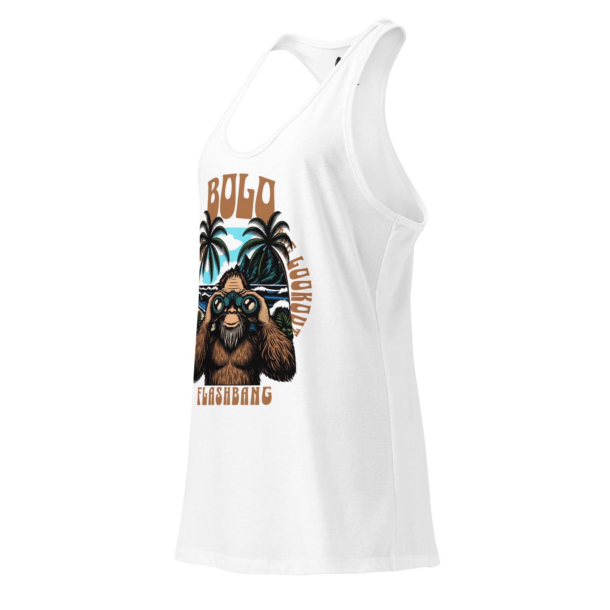 White tank top with a graphic design of a bear and text on a white background