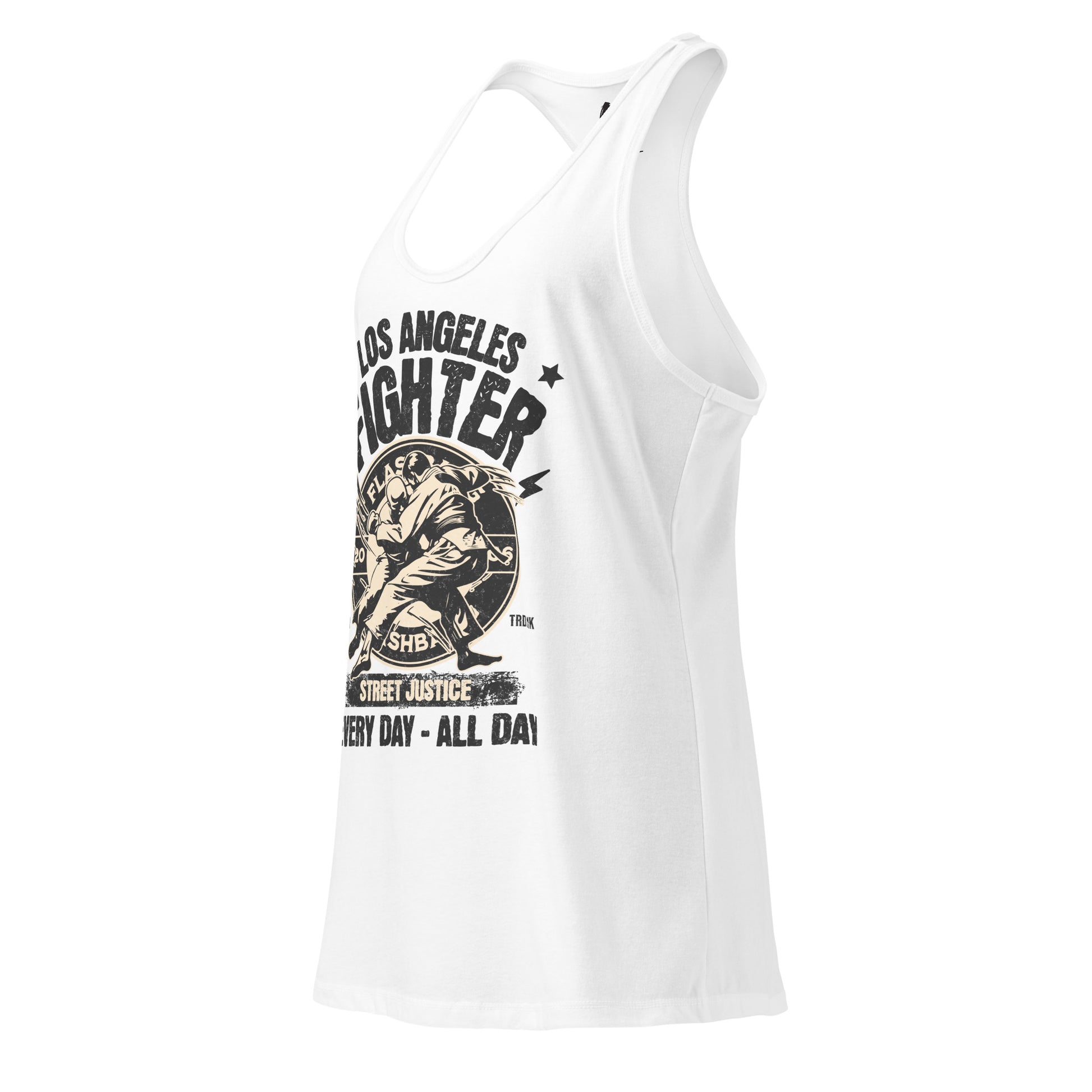 White tank top with graphic design and text on a white background