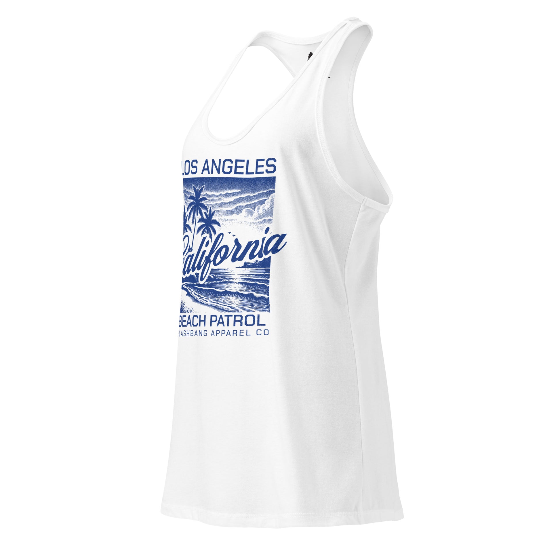 White tank top with blue graphic design on a white background