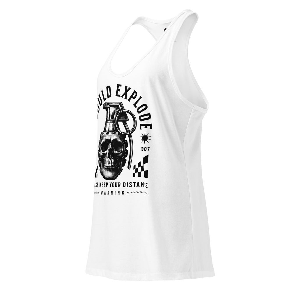 White tank top with black graphic design on a white background