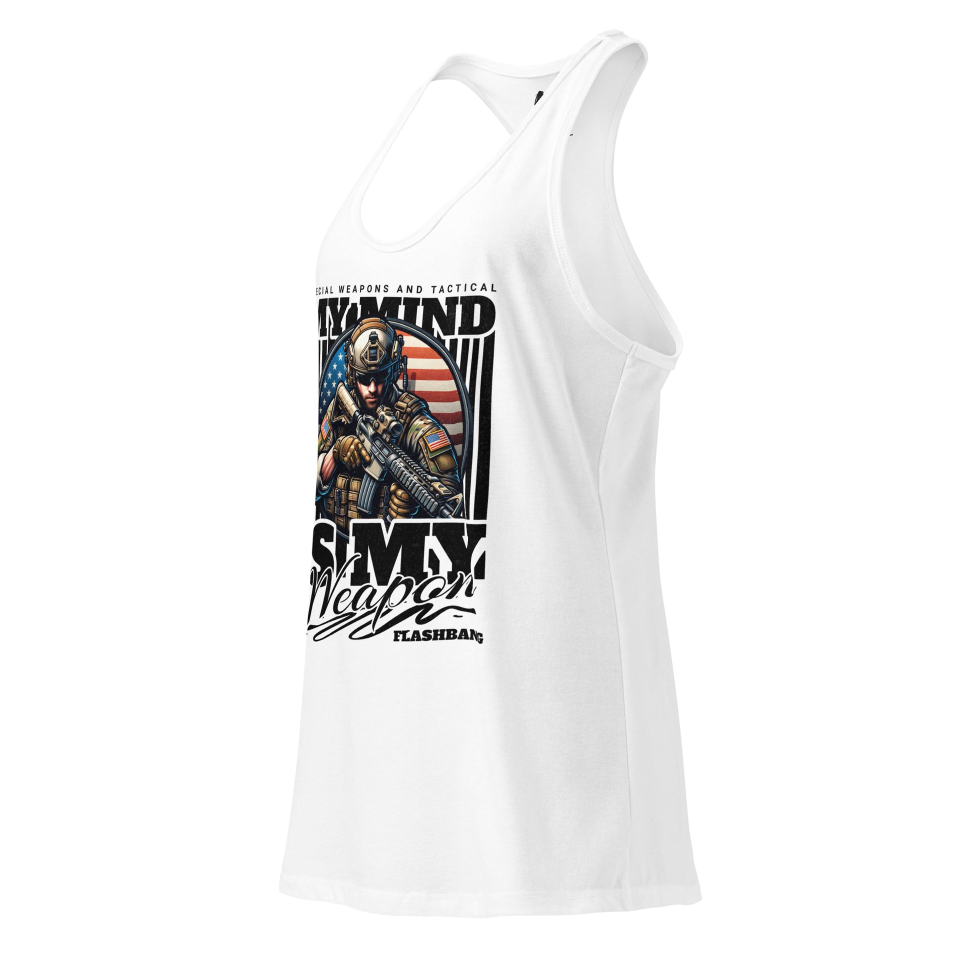 White tank top with graphic design on a white background