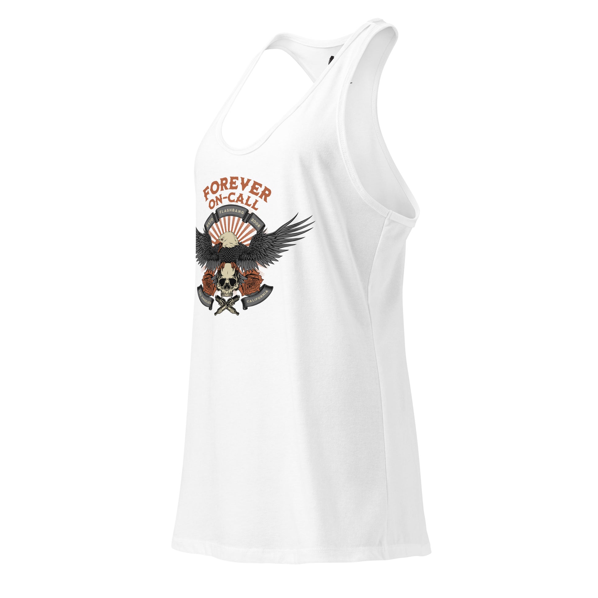 White tank top with eagle and skull design on a white background