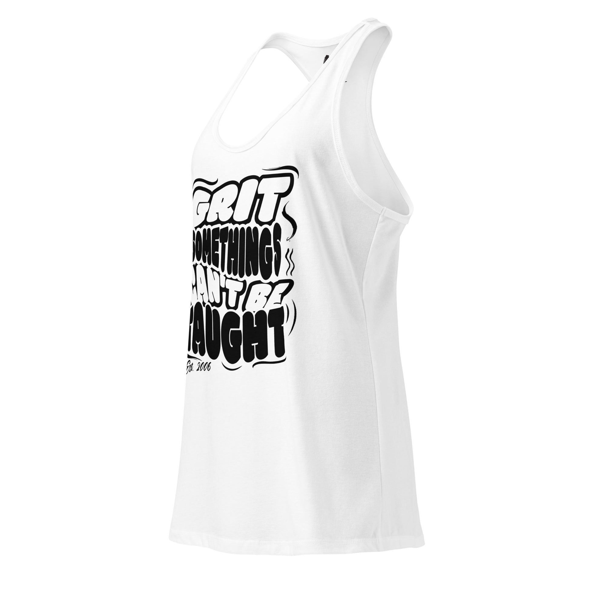 White tank top with black text design on a white background