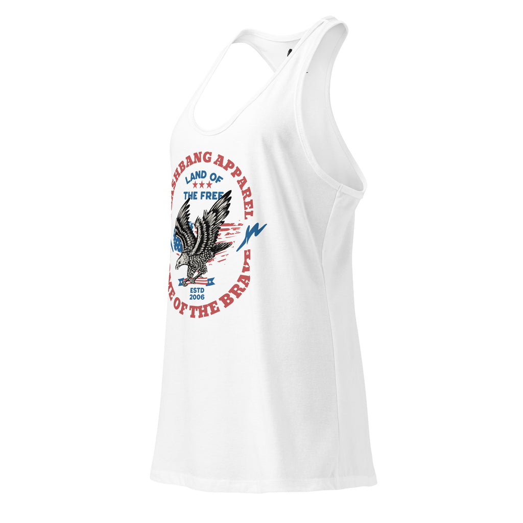 White tank top with eagle graphic and text on a white background