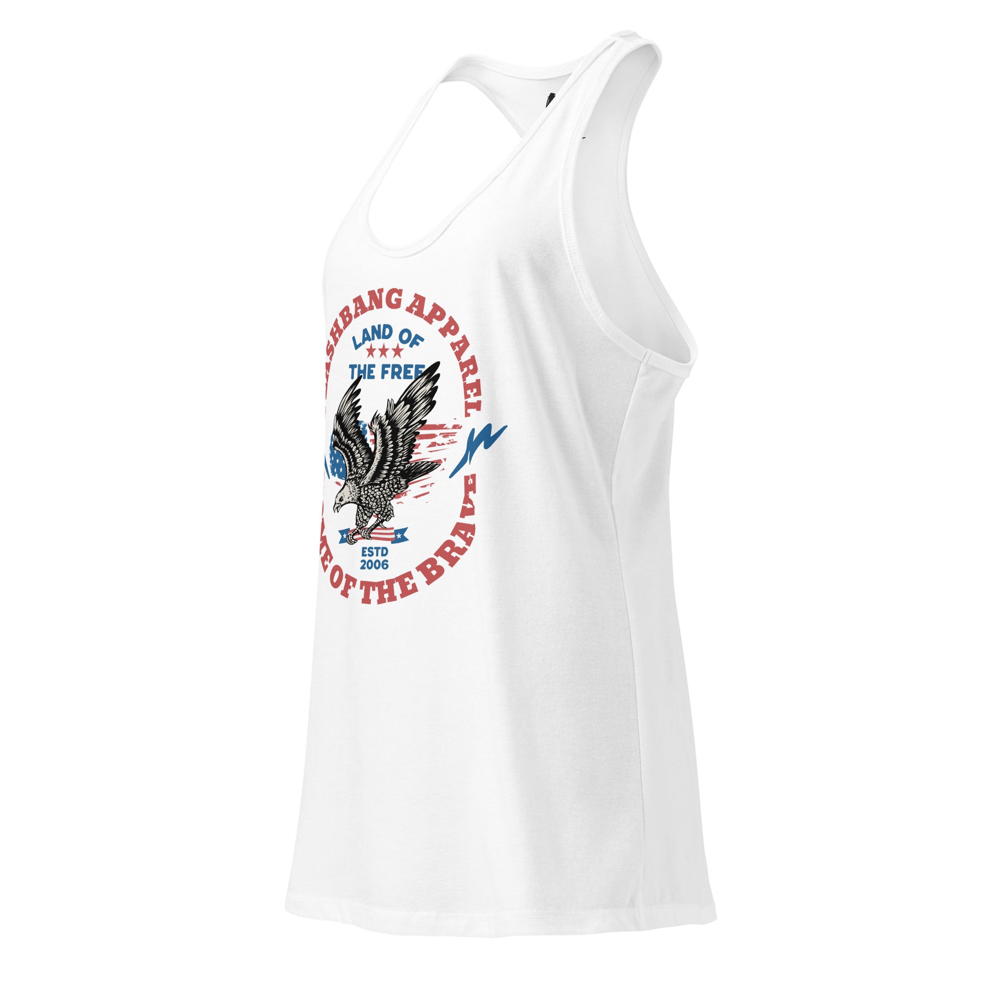White tank top with eagle graphic and text on a white background