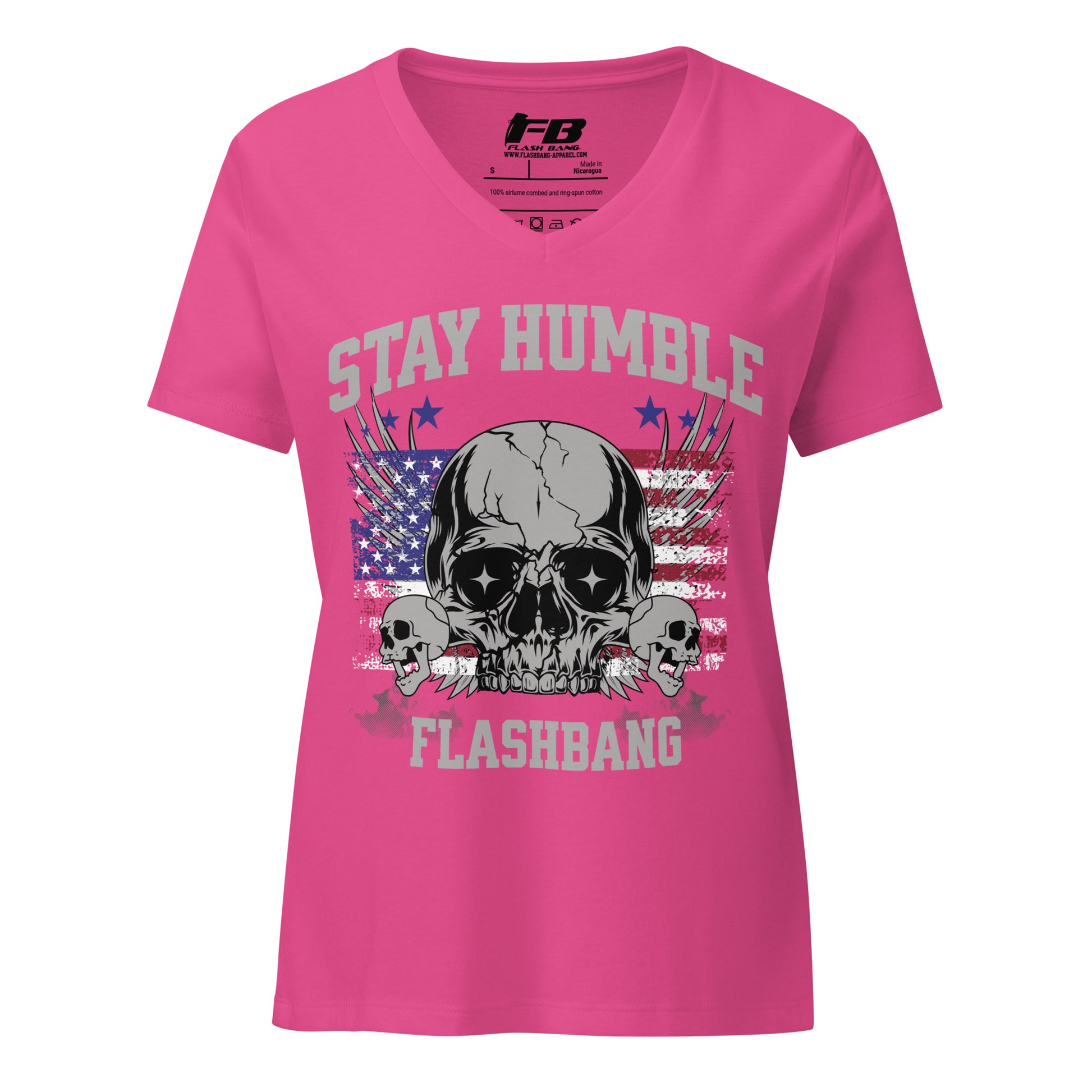 Pink t-shirt with skull design and text on a white background