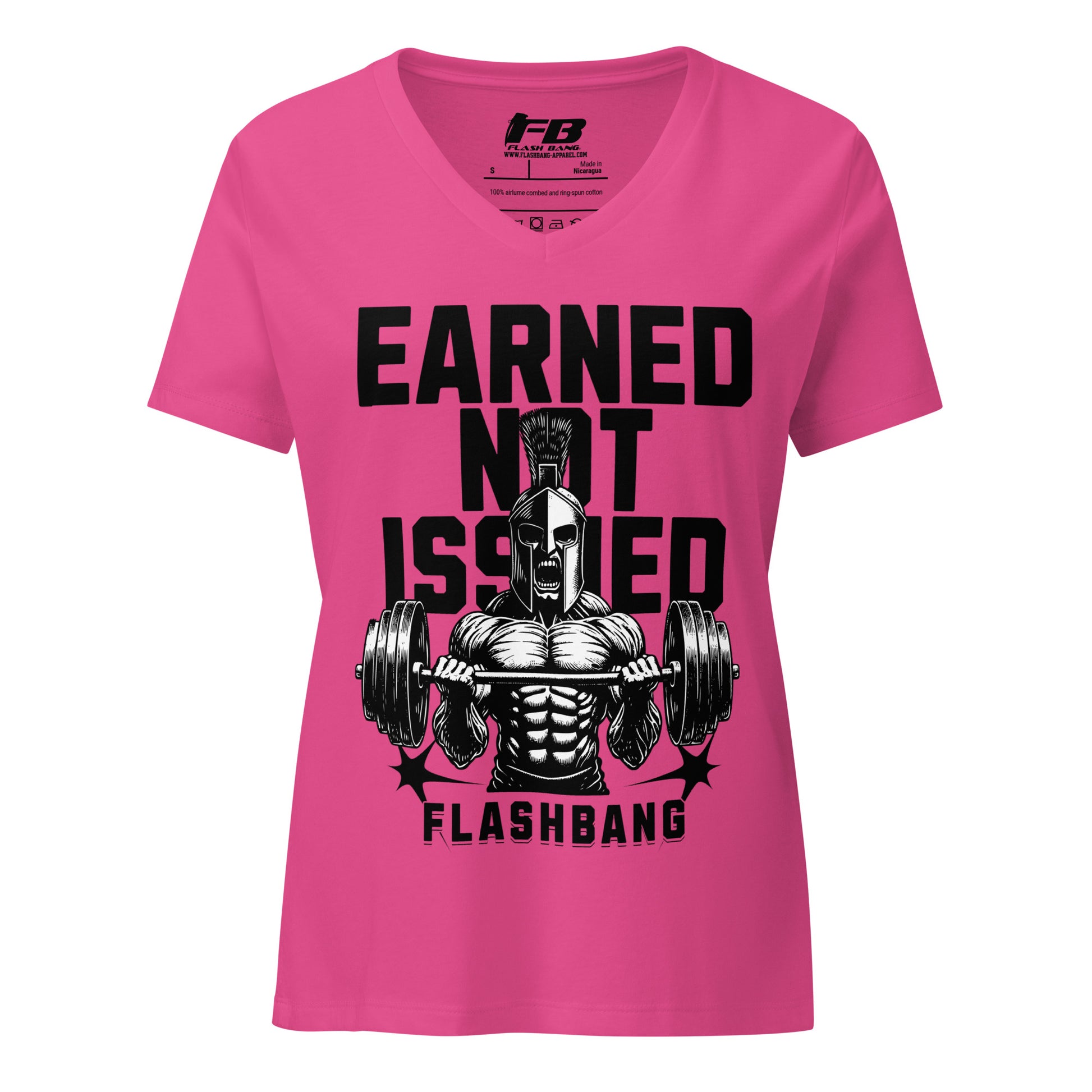 Pink t-shirt with graphic design and text on a white background