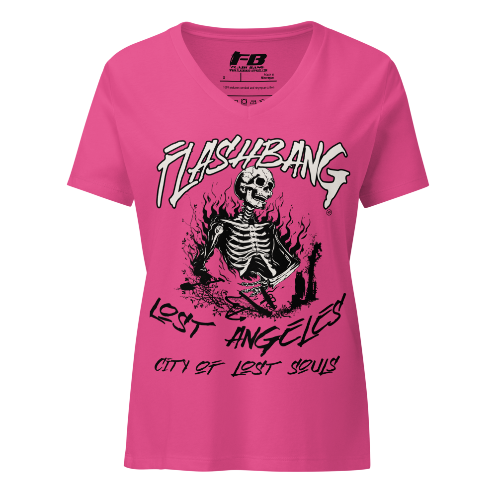 Pink t-shirt with skeleton graphic and 'Flashbang Lost Angeles' text on a white background