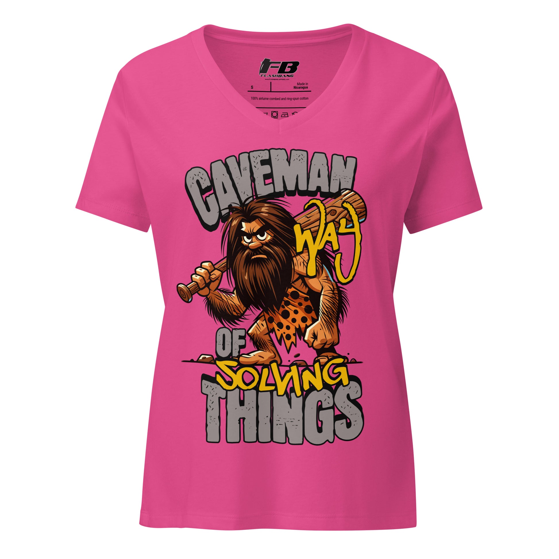 Pink t-shirt with a caveman graphic and text on a white background