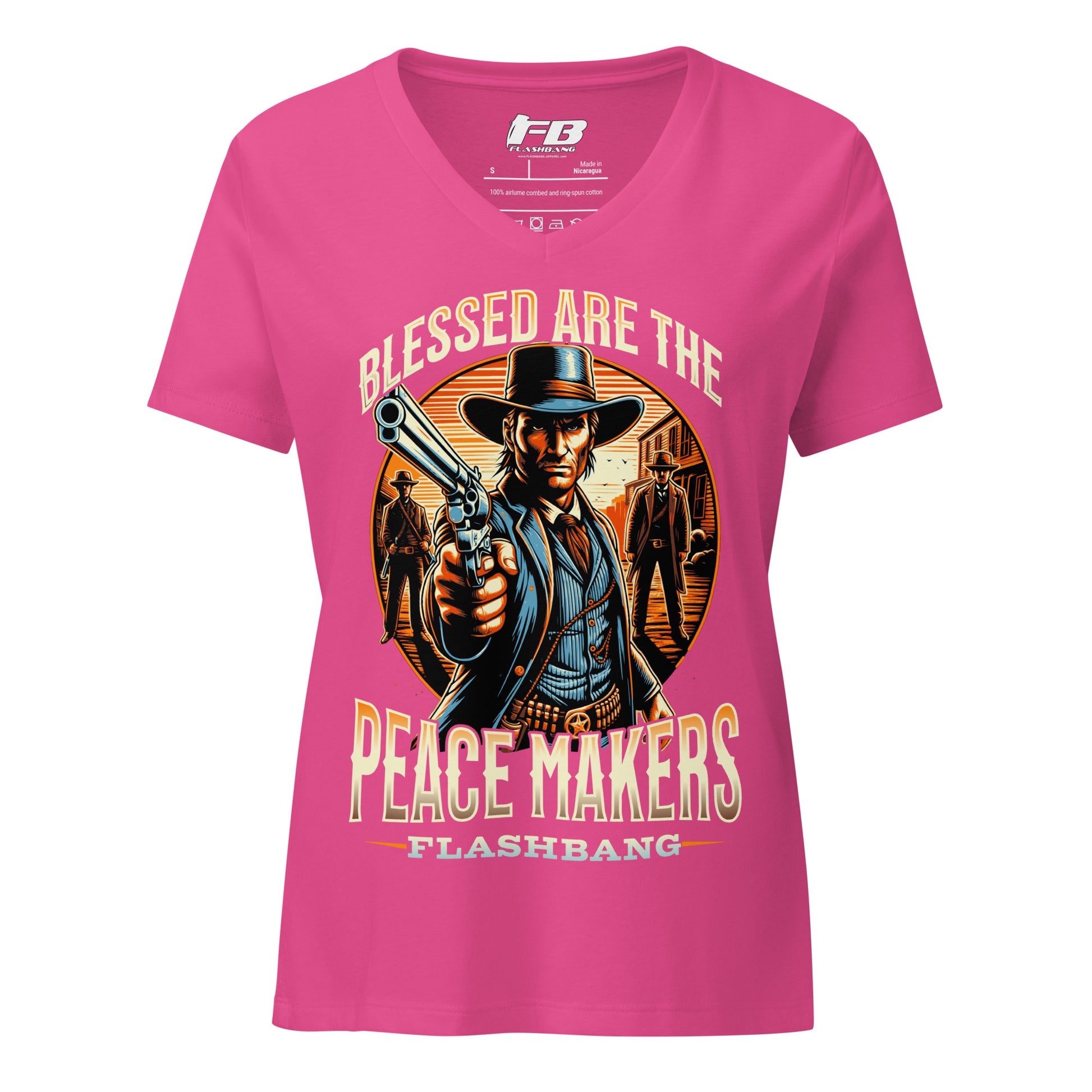 Pink t-shirt with a graphic of a cowboy holding a gun and text 'Blessed are the Peace Makers' on a white background.