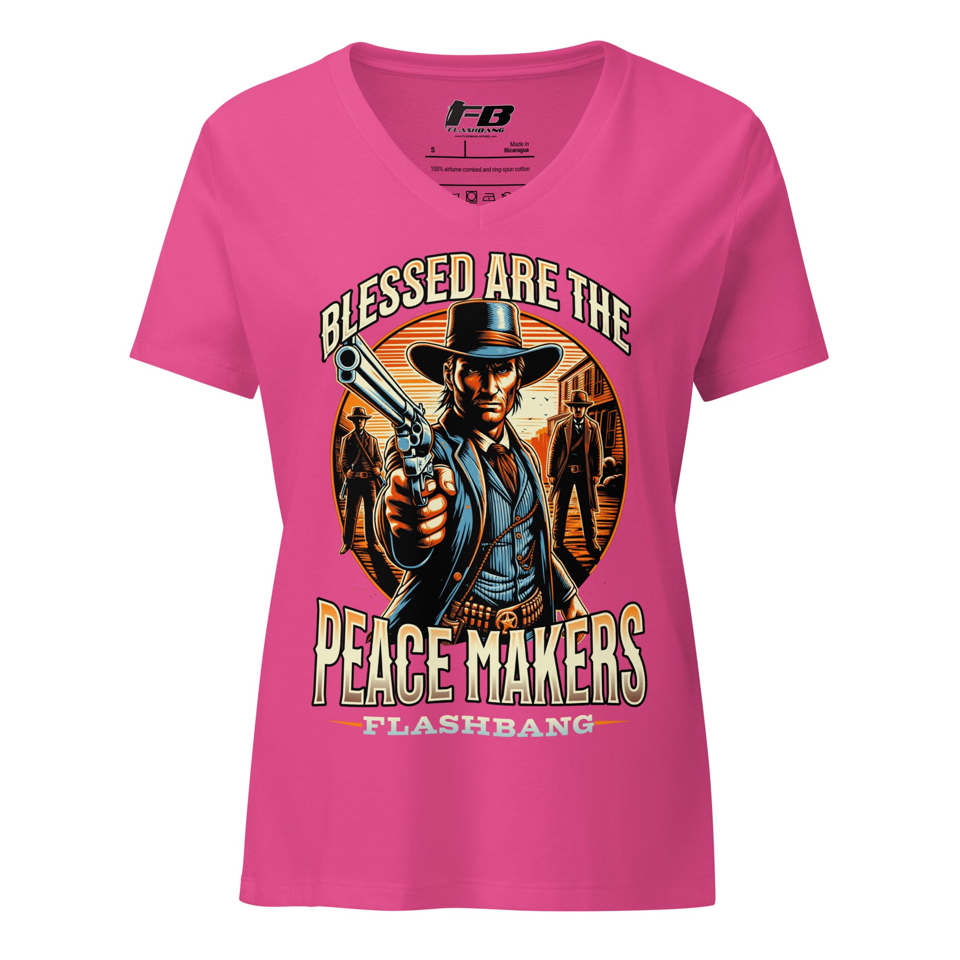 Pink t-shirt with a graphic of a cowboy holding a gun and text 'Blessed are the Peace Makers' on a white background.