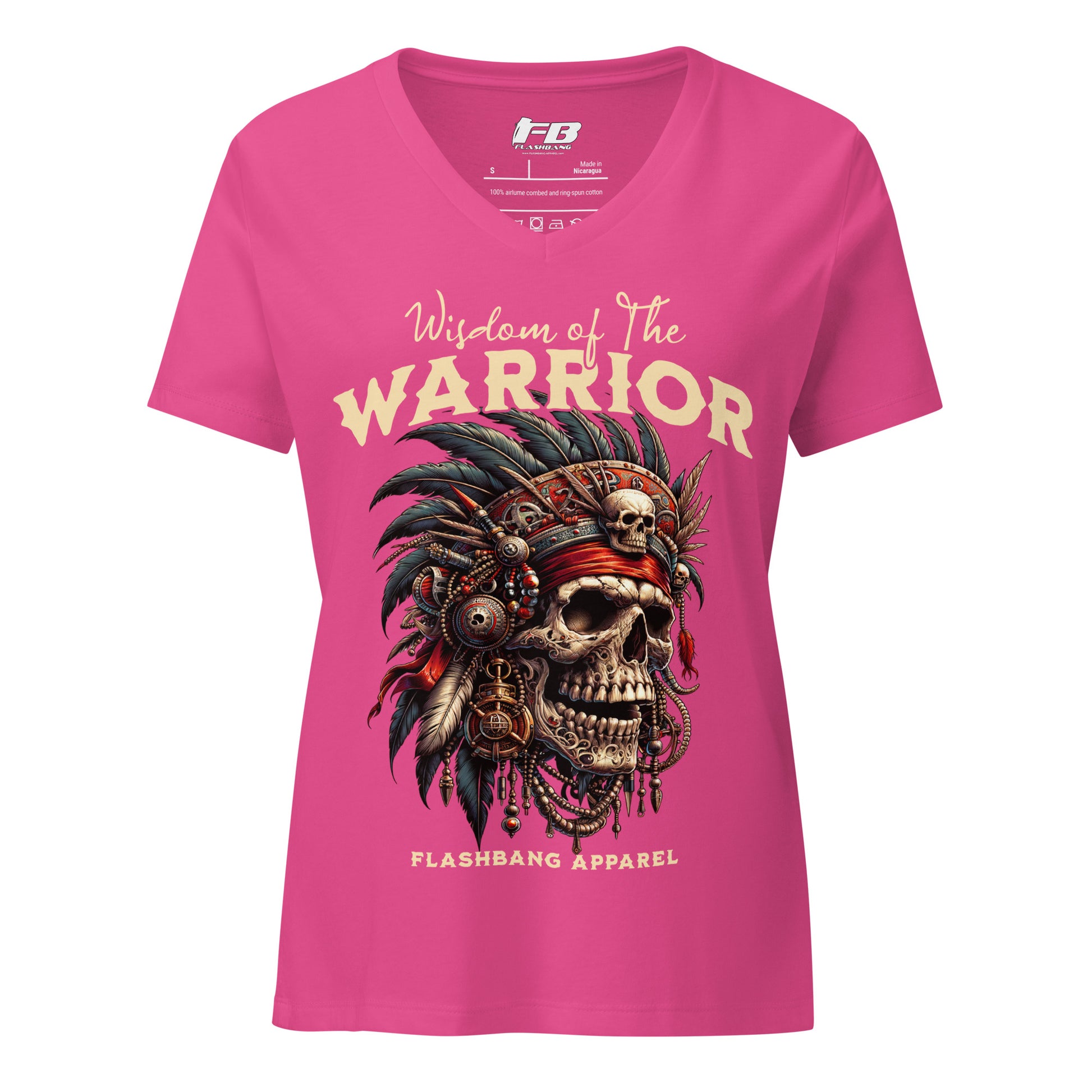 Pink t-shirt with warrior skull design and 'Flashbang Apparel' branding on a white background