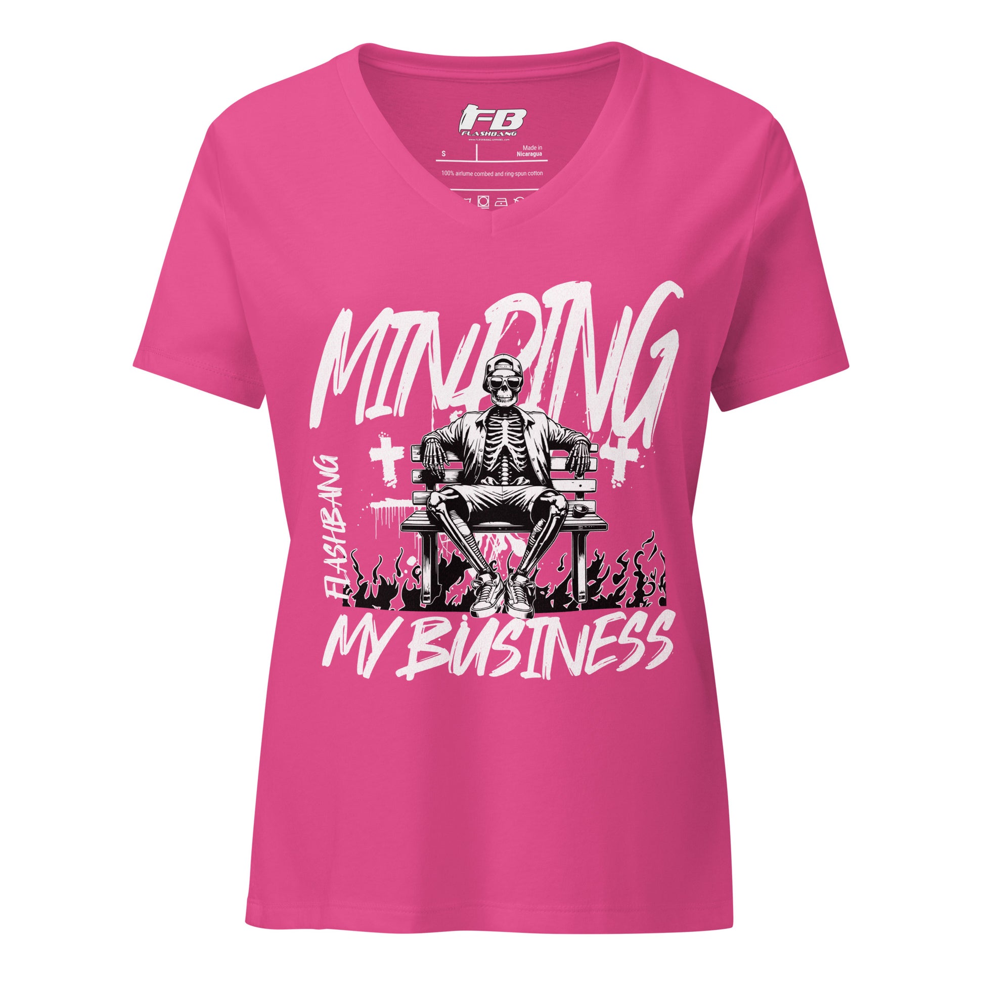 Pink t-shirt with graphic design and text on a white background