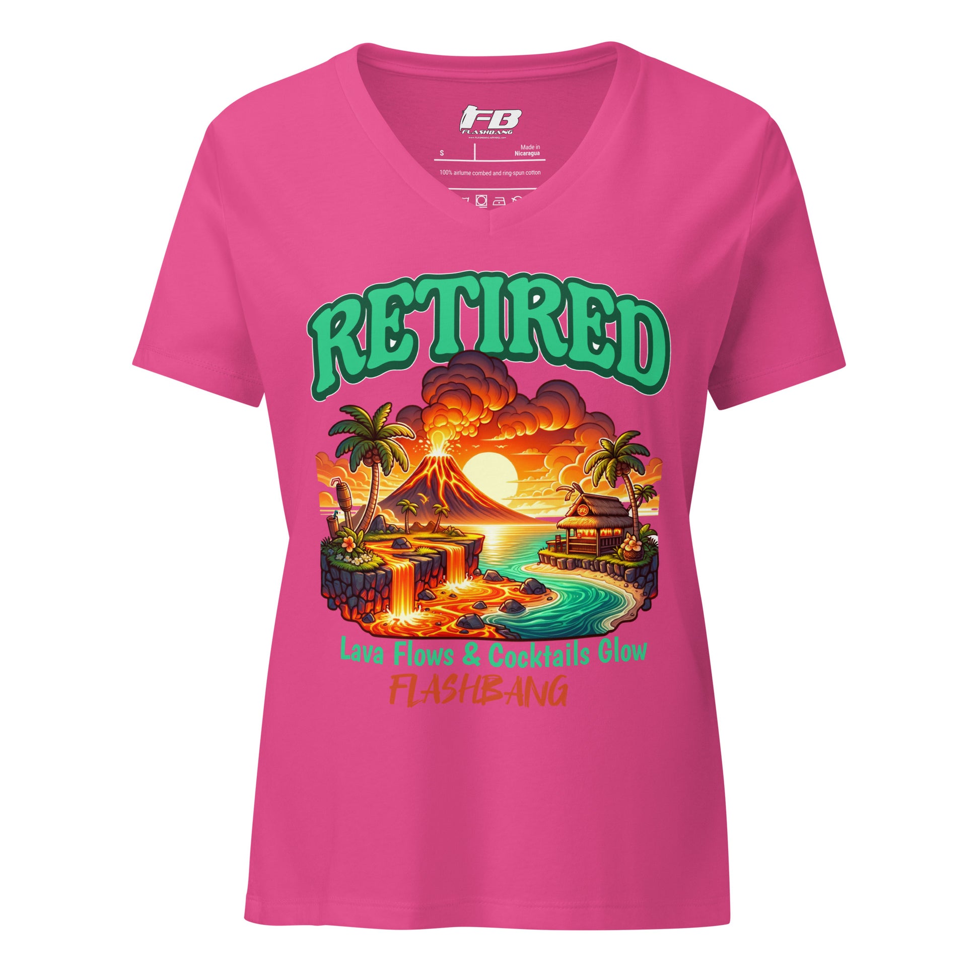 Pink t-shirt with a tropical graphic and 'RETired' text on a white background