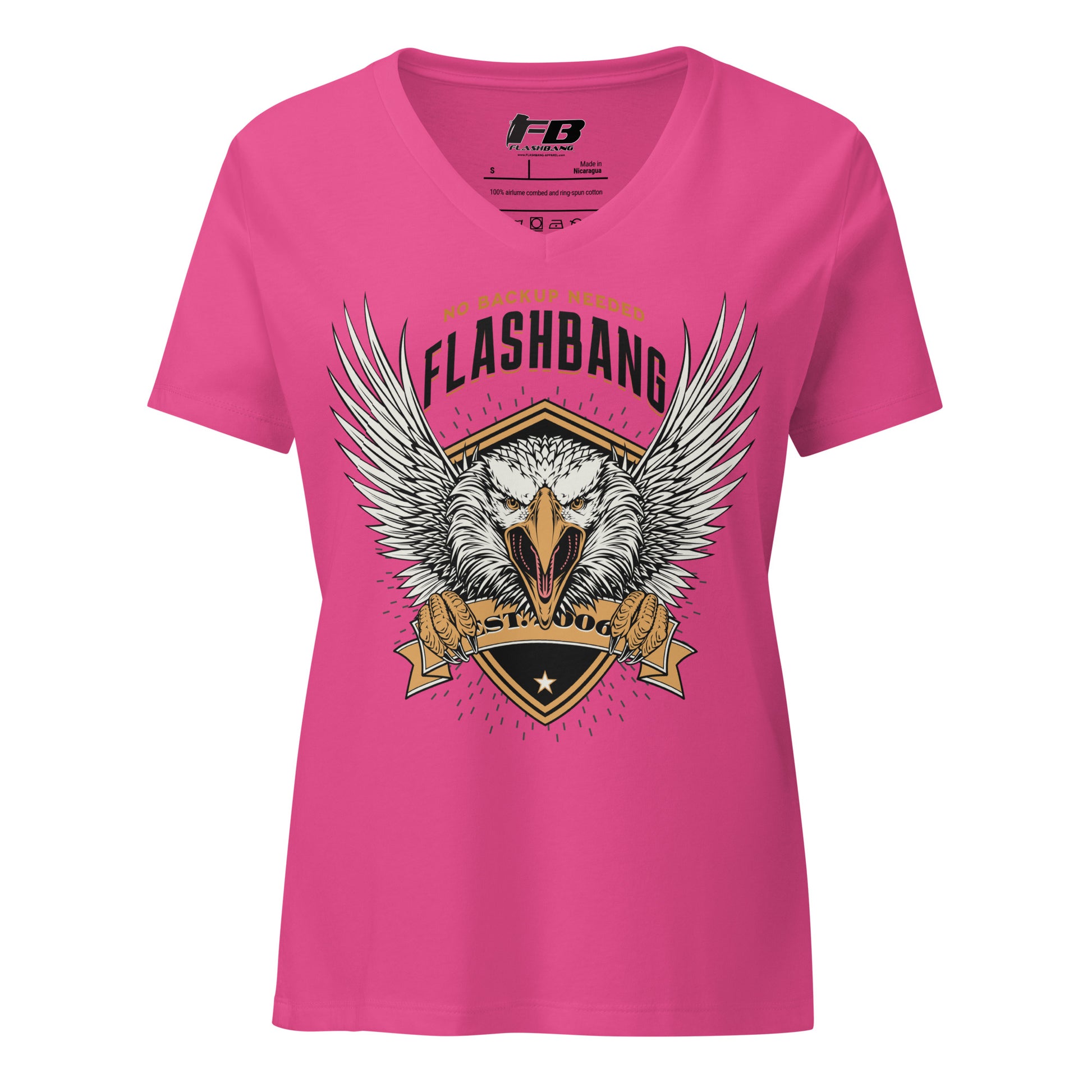 Pink t-shirt with an eagle graphic and 'Flashbang' text on a white background