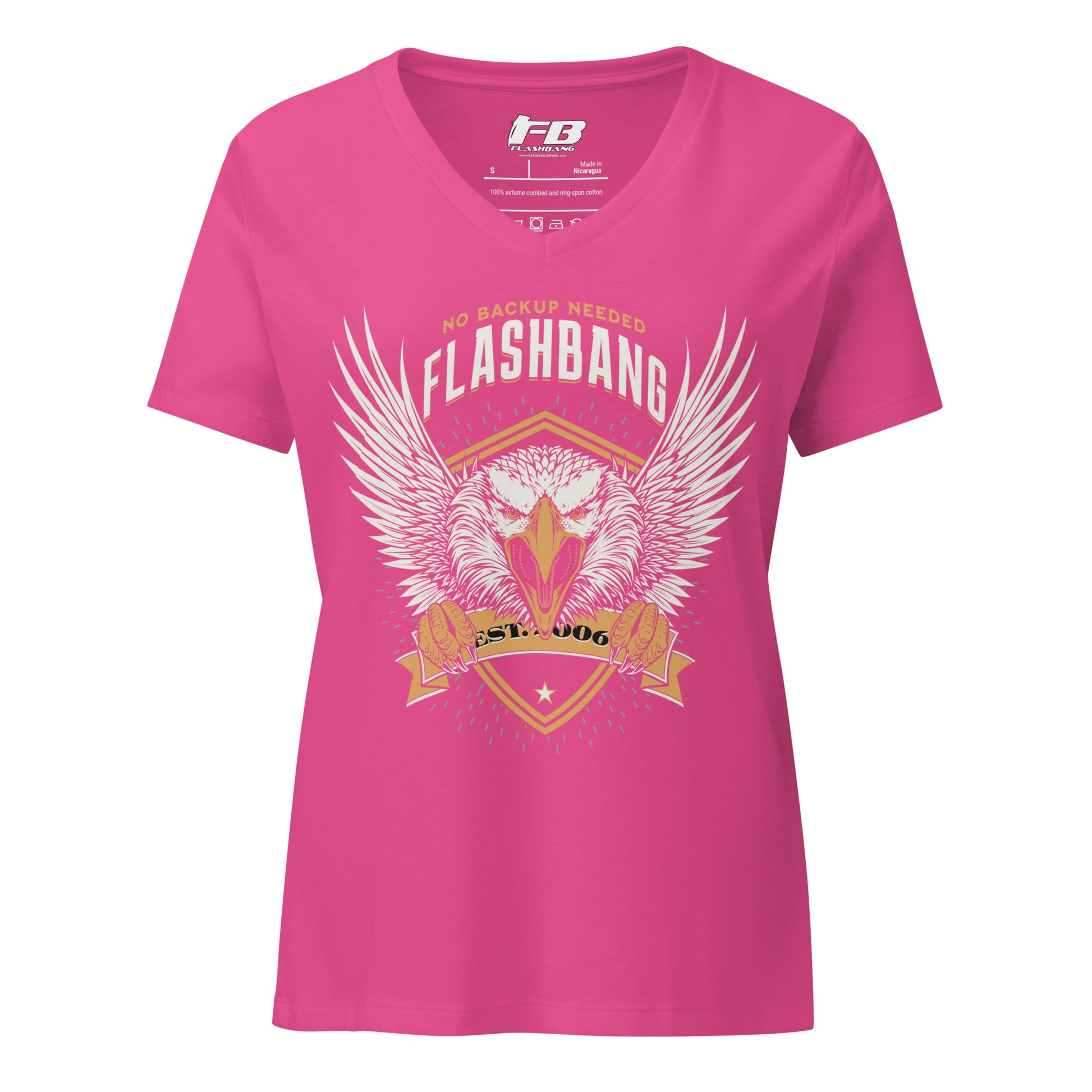 Pink t-shirt with 'Flashbang' graphic design on a white background