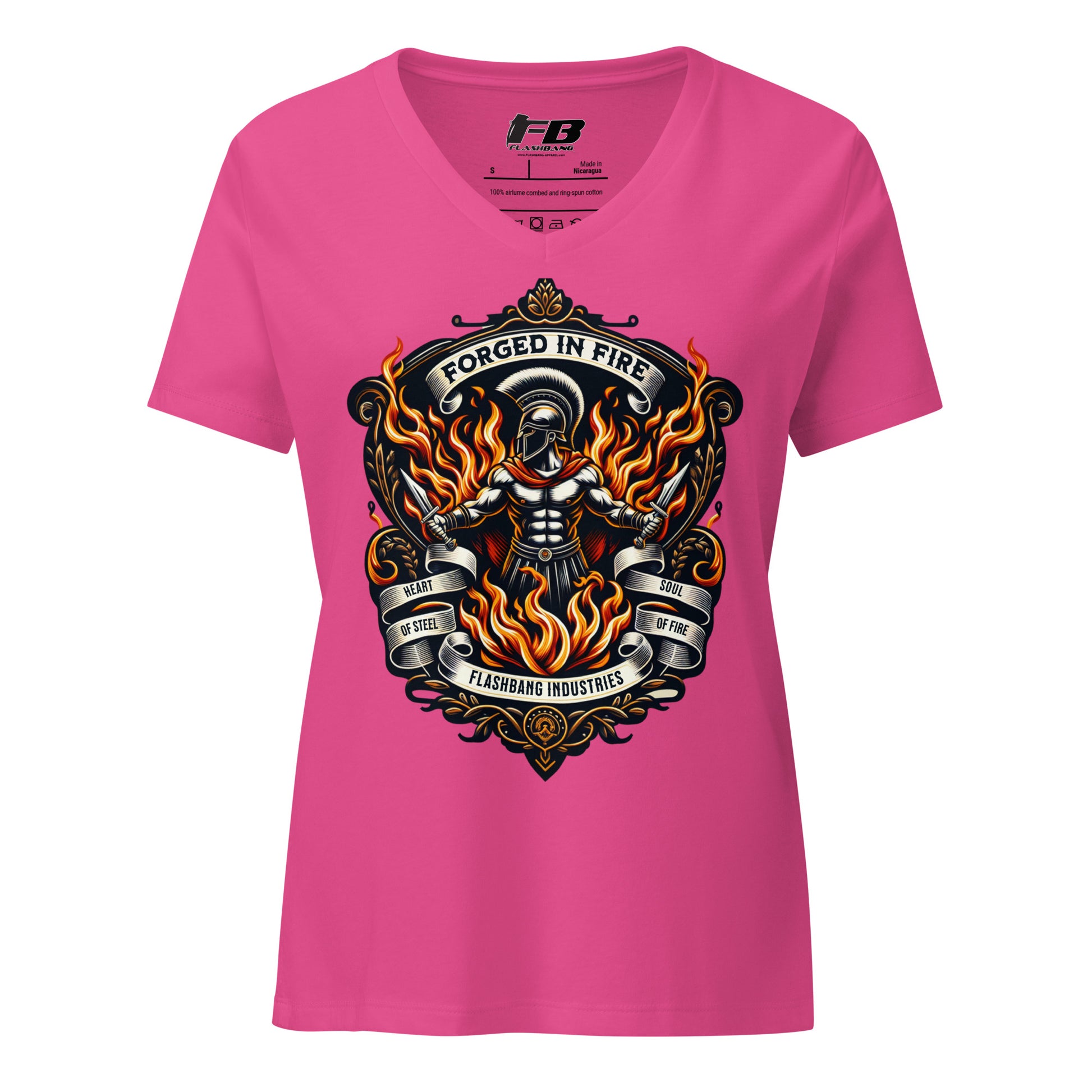 Pink t-shirt with a graphic design featuring flames and text on a white background