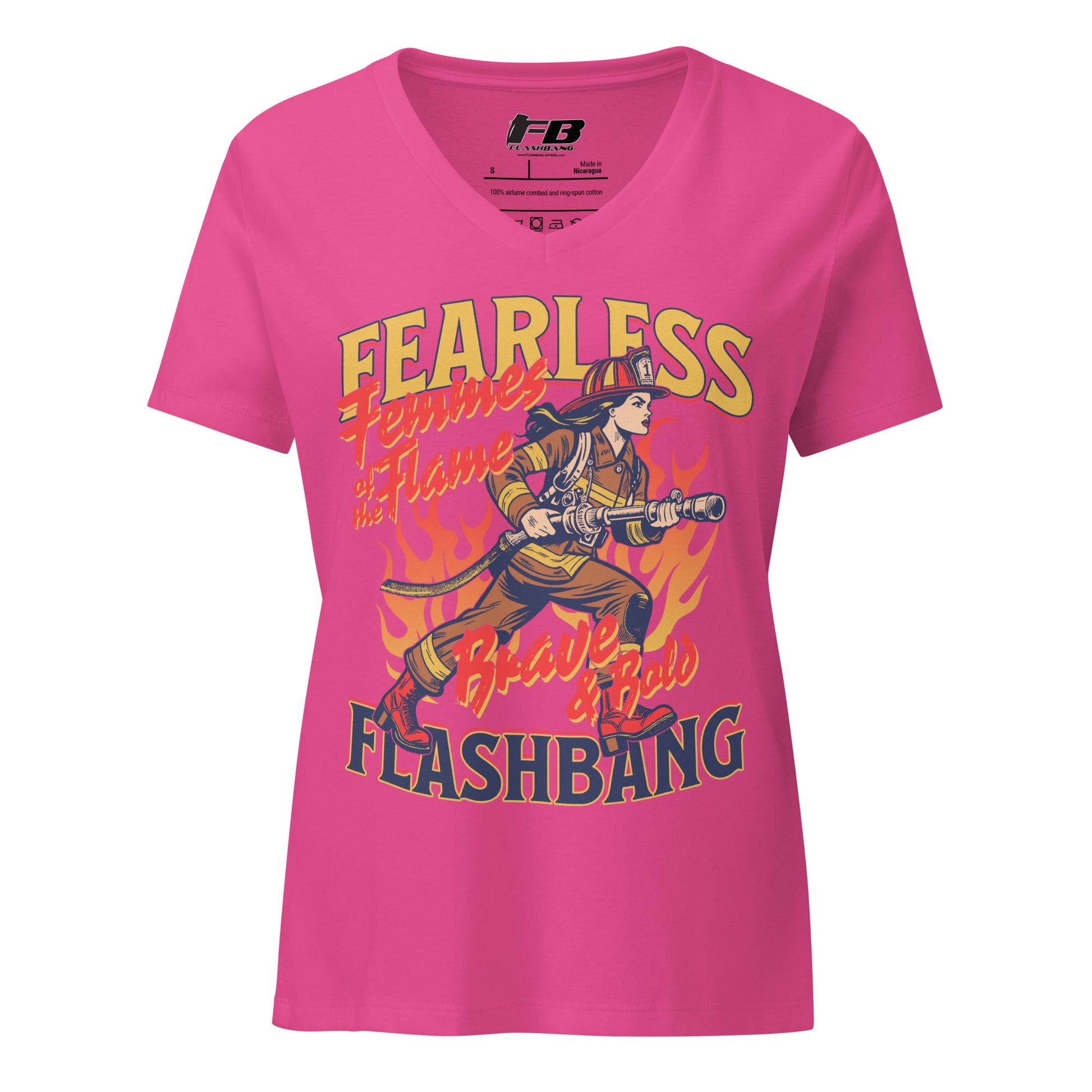 Pink t-shirt with a graphic design of a firefighter and text on a white background