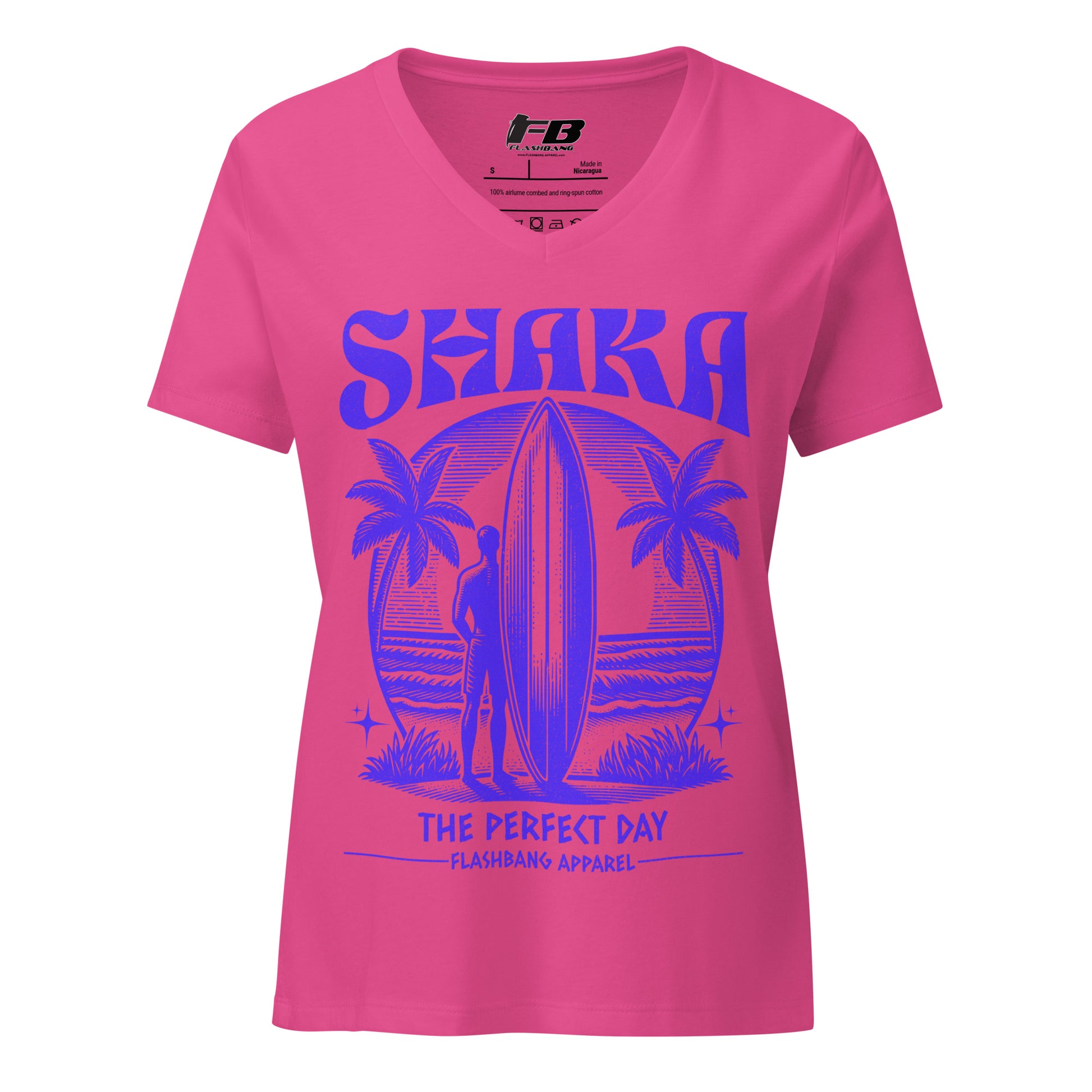 Pink t-shirt with blue graphic design featuring a surfer and palm trees on a white background.