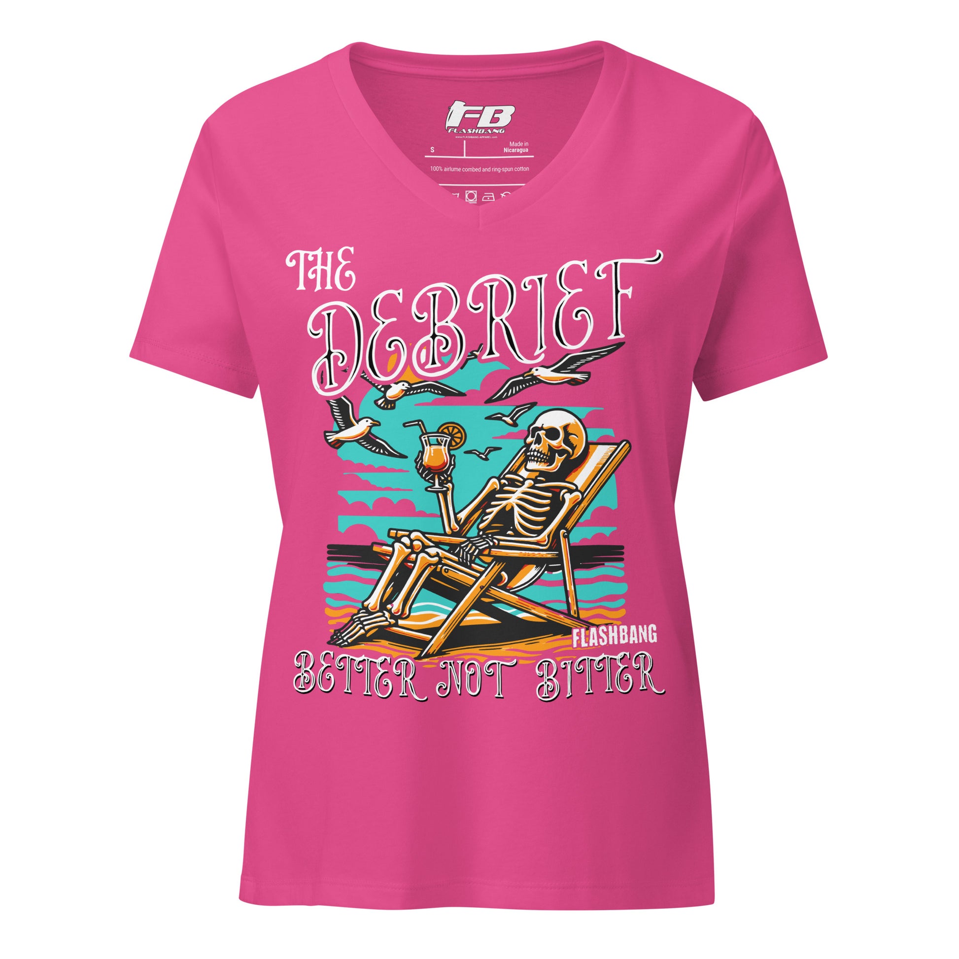 Pink t-shirt with skeleton design and text on a white background